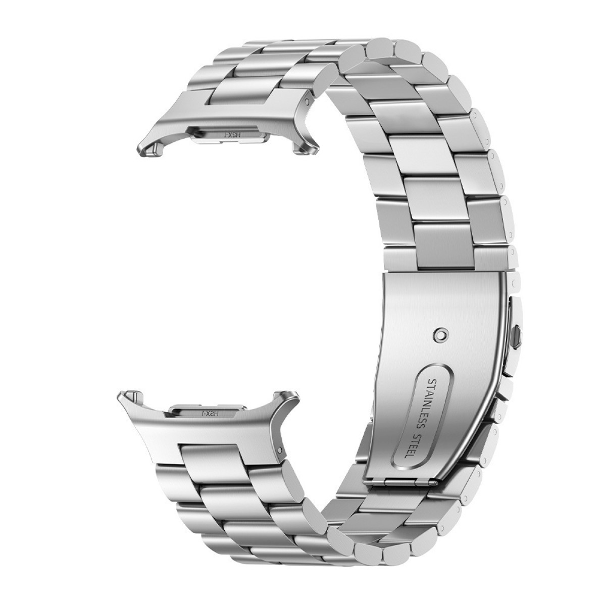 Cinturino per orologio in metallo argentato, composto da maglie rettangolari collegate, con chiusura e due punti di attacco.