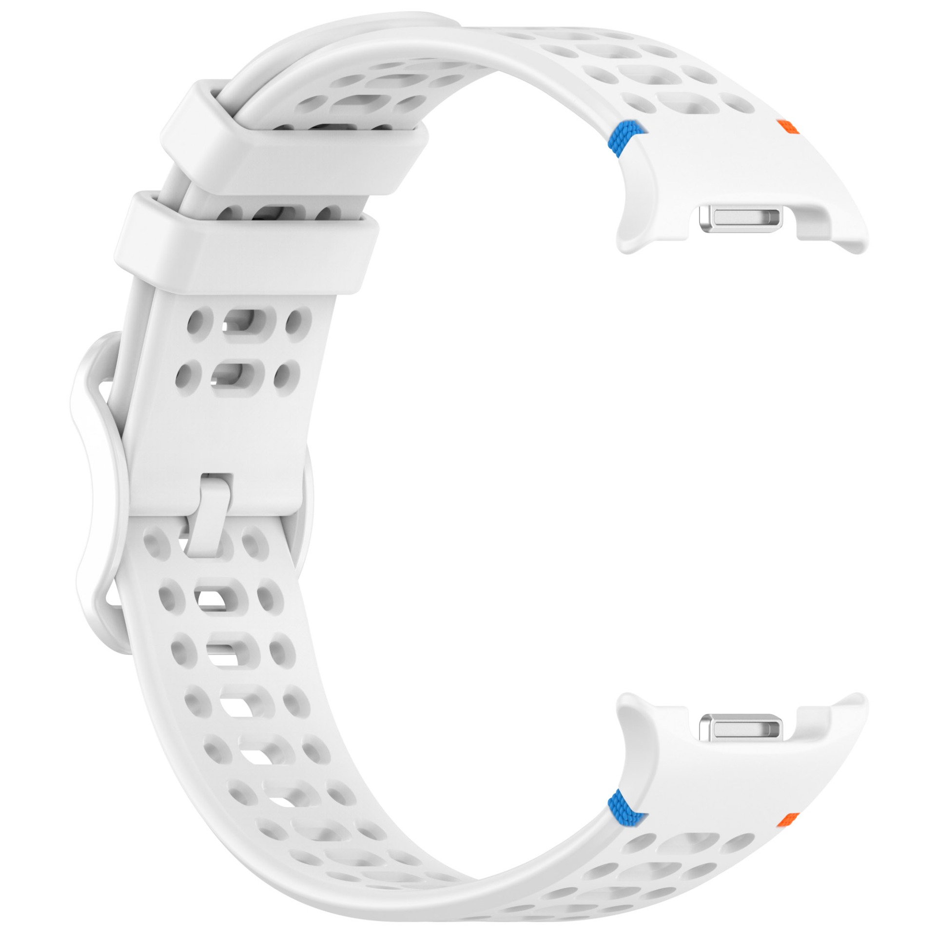 Cinturino bianco per orologio con fori, fibbia bianca, dettagli arancioni e blu alle estremità.