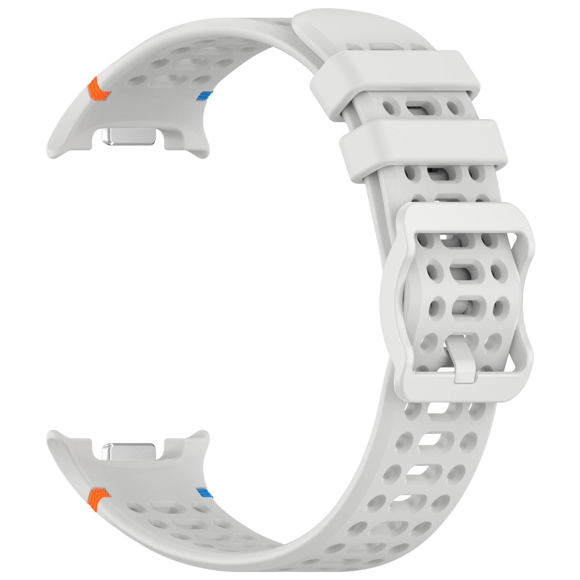 Weißes Uhrenarmband mit Perforationen, weißer Schnalle und orangefarbenen und blauen Akzenten.