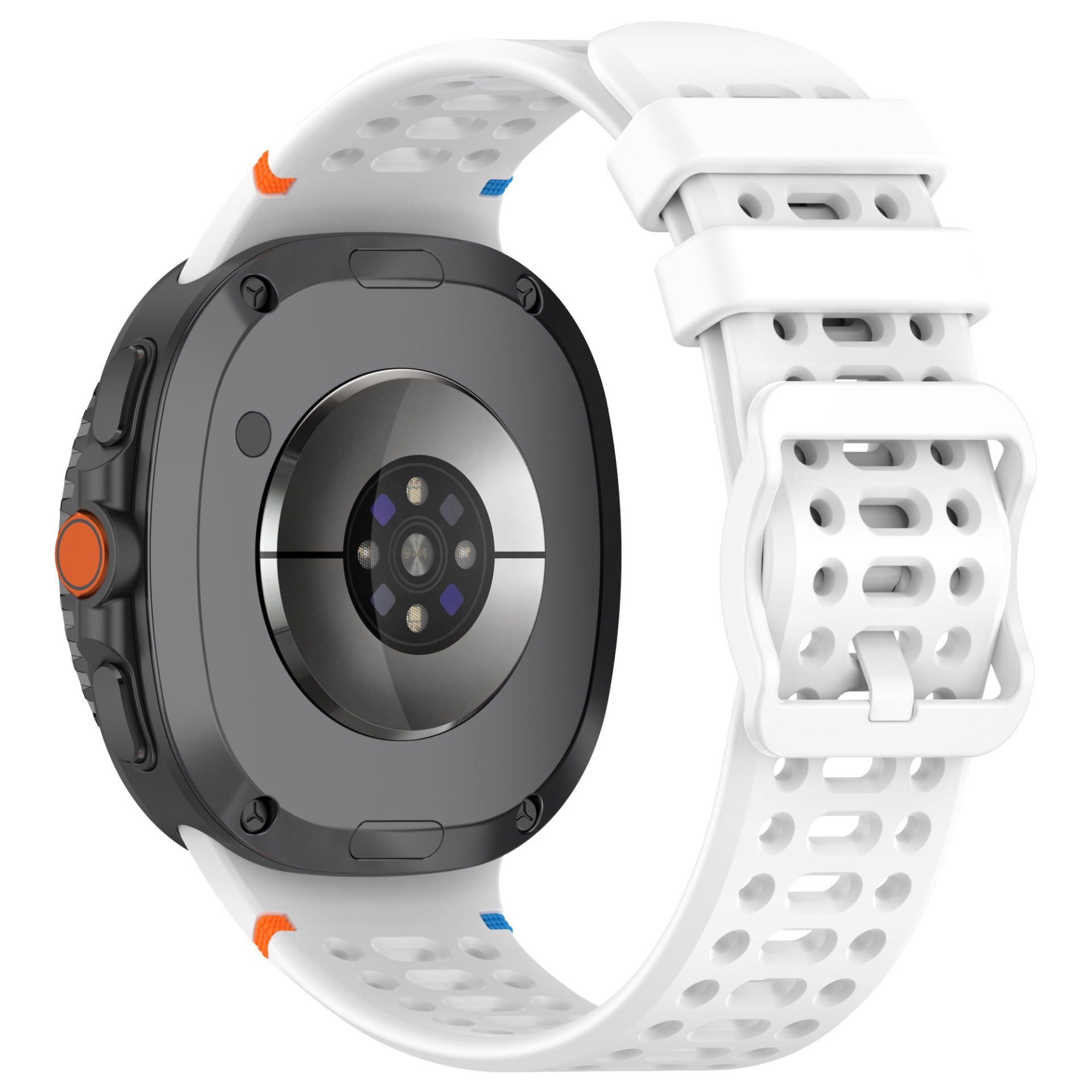 Orologio bianco con cinturino bianco, pulsante arancione e retro nero con sensori.
