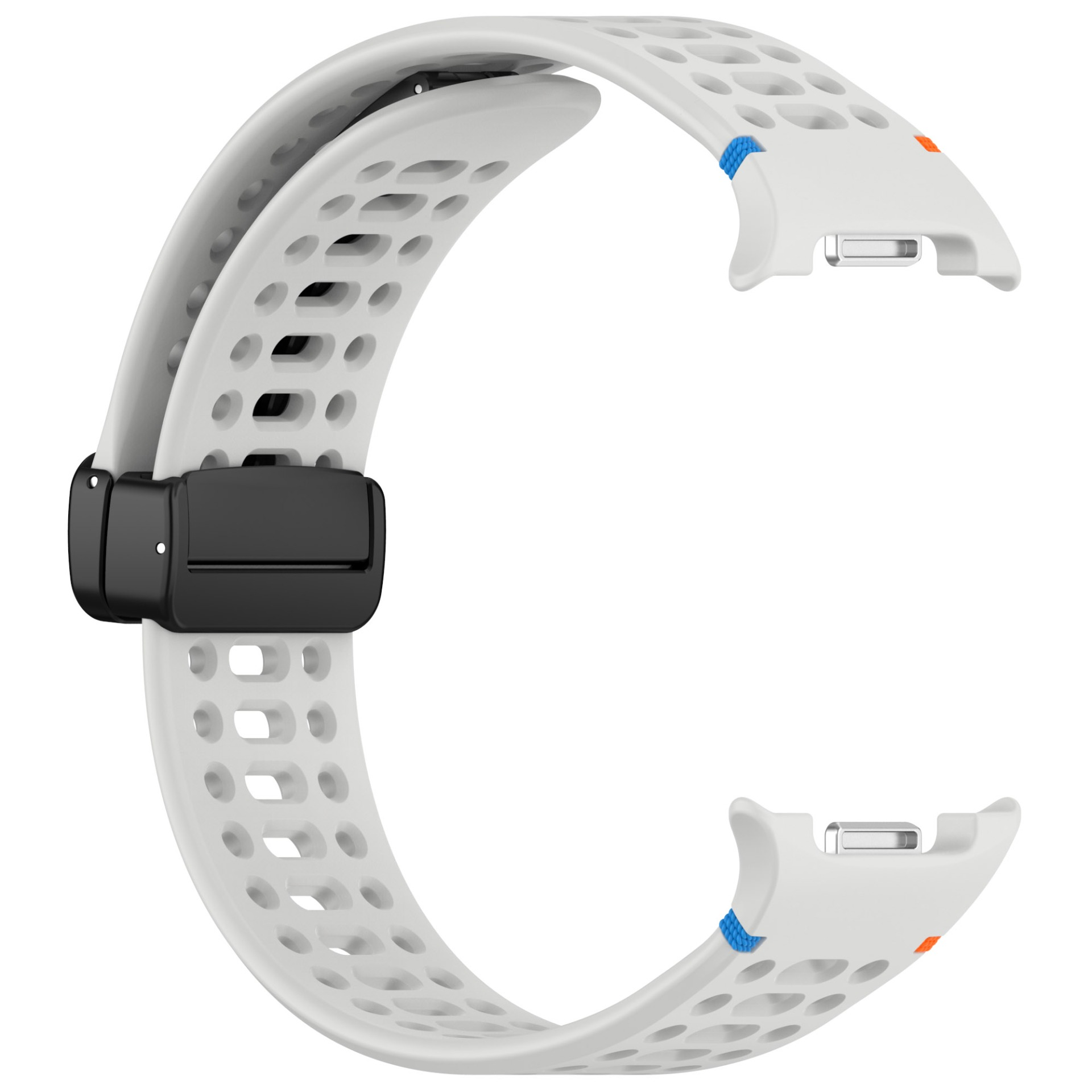 Weißes Uhrenarmband mit Perforationen und schwarzem Verschluss, mit orangefarbenen und blauen Akzenten.
