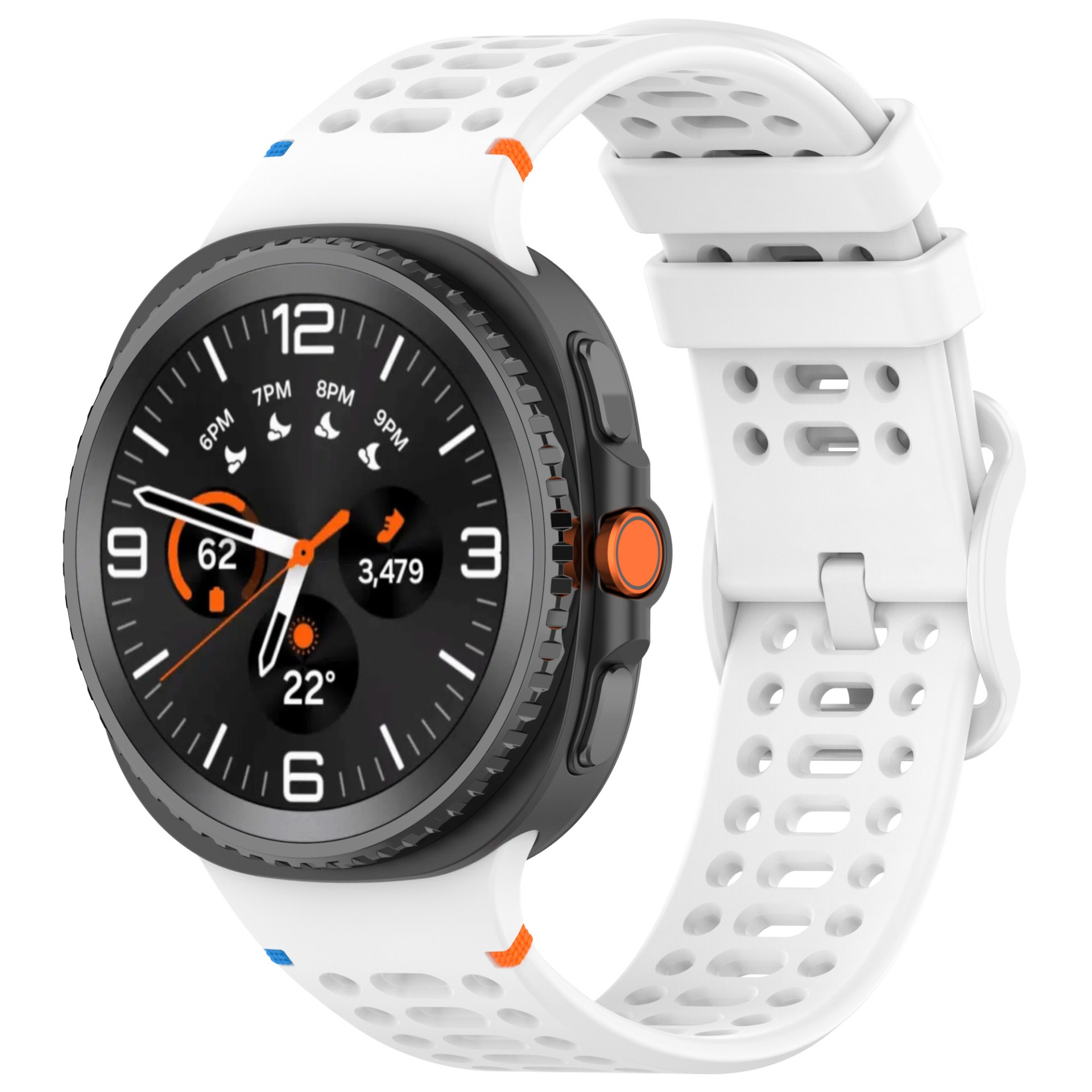 Uno smartwatch con quadrante nero e cinturino bianco mostra l'ora e altri dati.