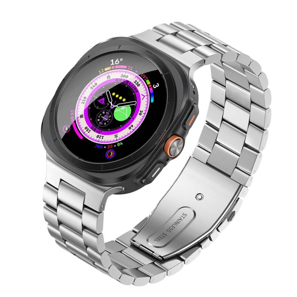 Smartwatch argento con cinturino in acciaio inossidabile. Il quadrante mostra ora e dati.