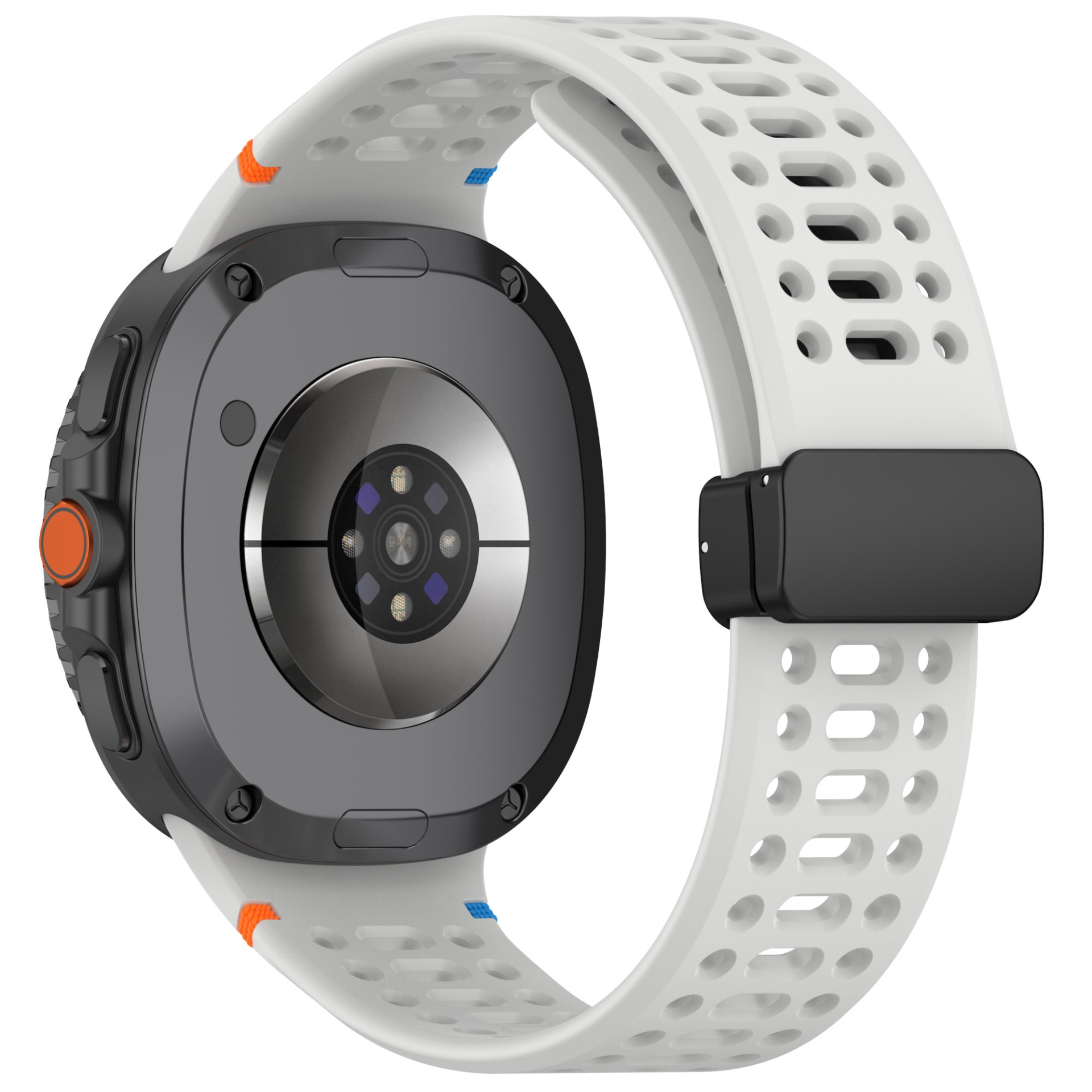 Die Rückseite einer Smartwatch mit weißem Armband zeigt Sensoren und einen Ladepunkt.
