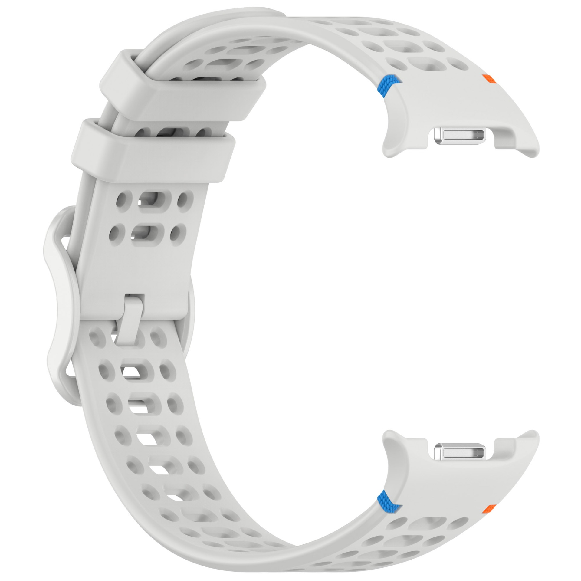 Ein weißes, perforiertes Smartwatch-Armband ist gebogen und zeigt seinen Verschluss und die Befestigungspunkte.