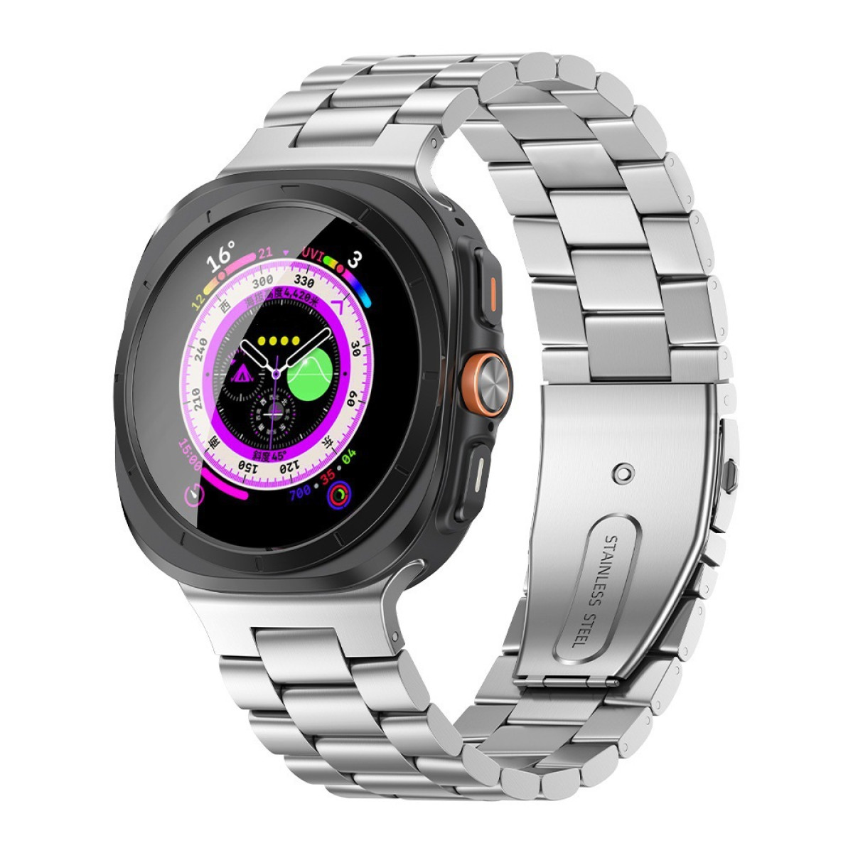 Smartwatch con cinturino in metallo argentato e display colorato che mostra dati sulla salute.