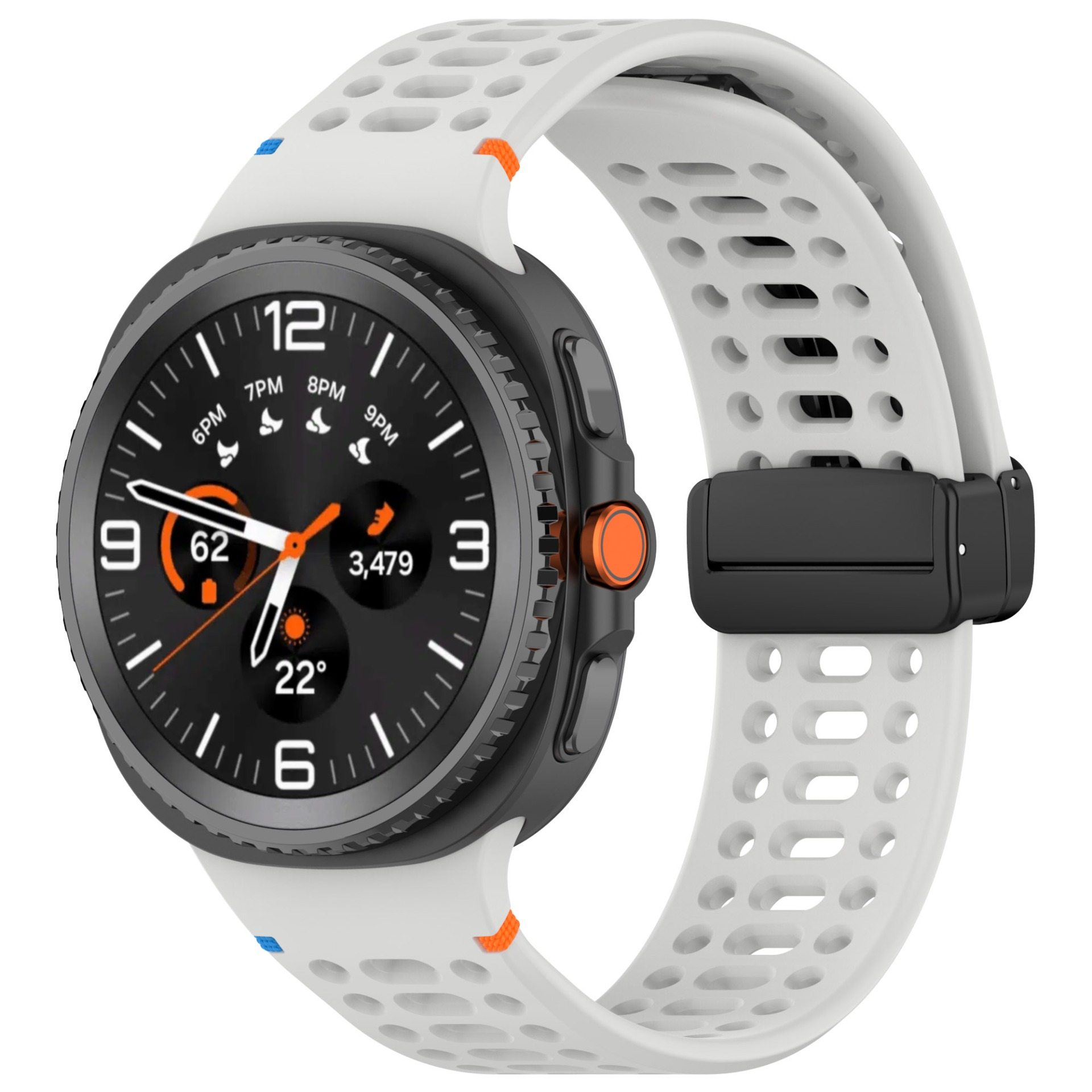Eine Smartwatch mit schwarzem Zifferblatt und weißem Armband zeigt die Zeit und andere Daten an.