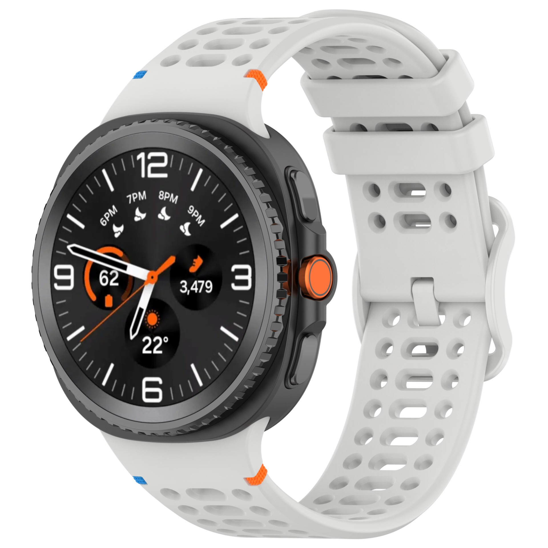 Eine Smartwatch mit schwarzem Zifferblatt und weißem Armband zeigt die Zeit und andere Daten an.