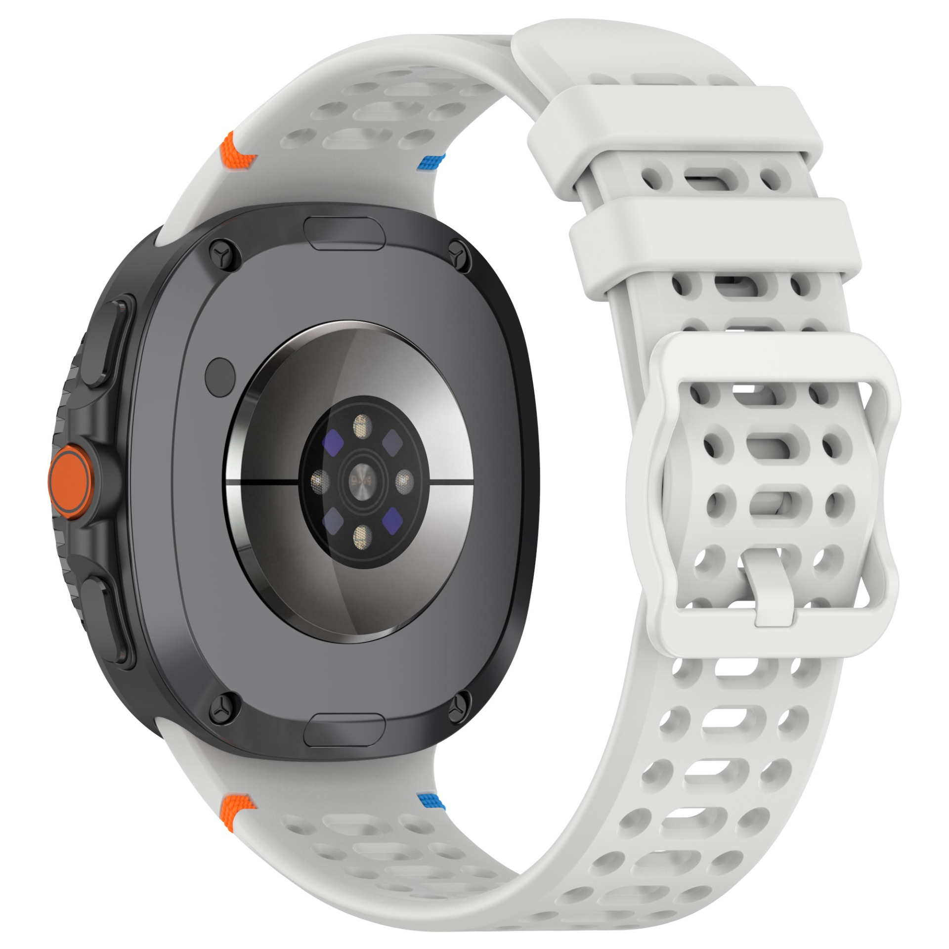 Weiße Smartwatch mit weißem Armband. Die Rückseite der Uhr mit Sensoren ist sichtbar.