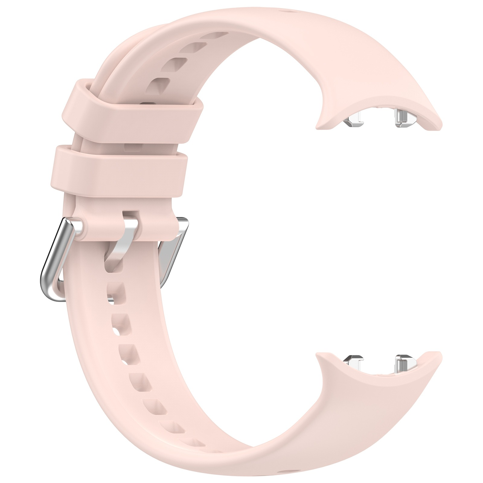 Ein hellrosa Smartwatch-Armband ist gebogen und zeigt seinen Verschluss und die Befestigungspunkte.