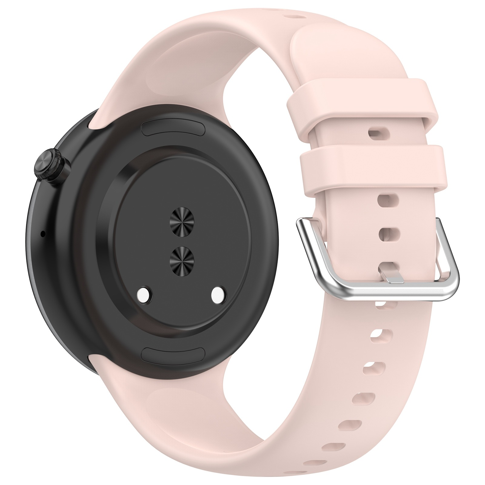 Rosafarbene Smartwatch mit rosa Armband. Die Rückseite der Uhr mit Sensoren ist sichtbar.