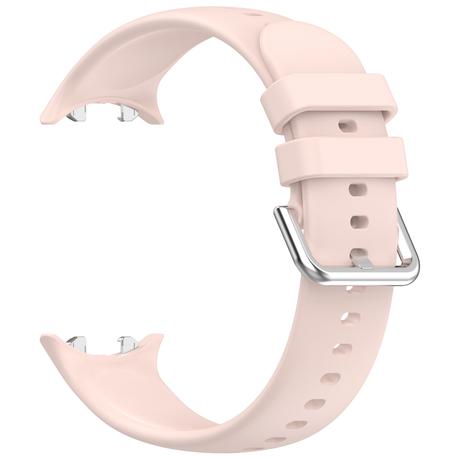 Rosa Smartwatch-Armband mit silberner Schnalle. Das Armband ist hellrosa.
