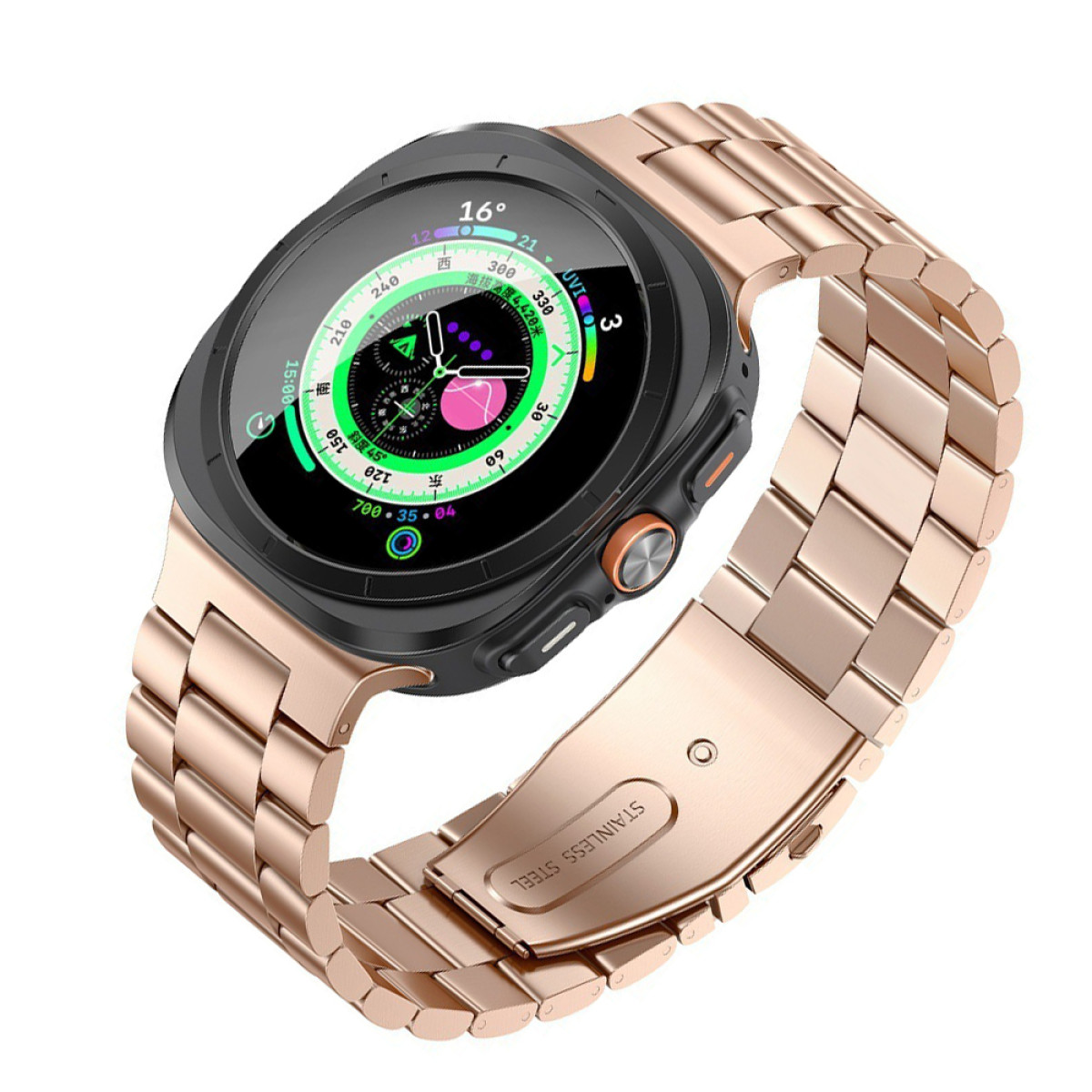 Smartwatch color oro rosa con cinturino color oro rosa. Display con dati e informazioni.