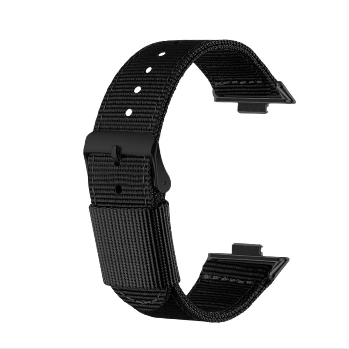 Ein schwarzes Uhrenarmband aus gewebtem Material mit Schnalle und zwei Befestigungspunkten, C-förmig, vor weißem Hintergrund.