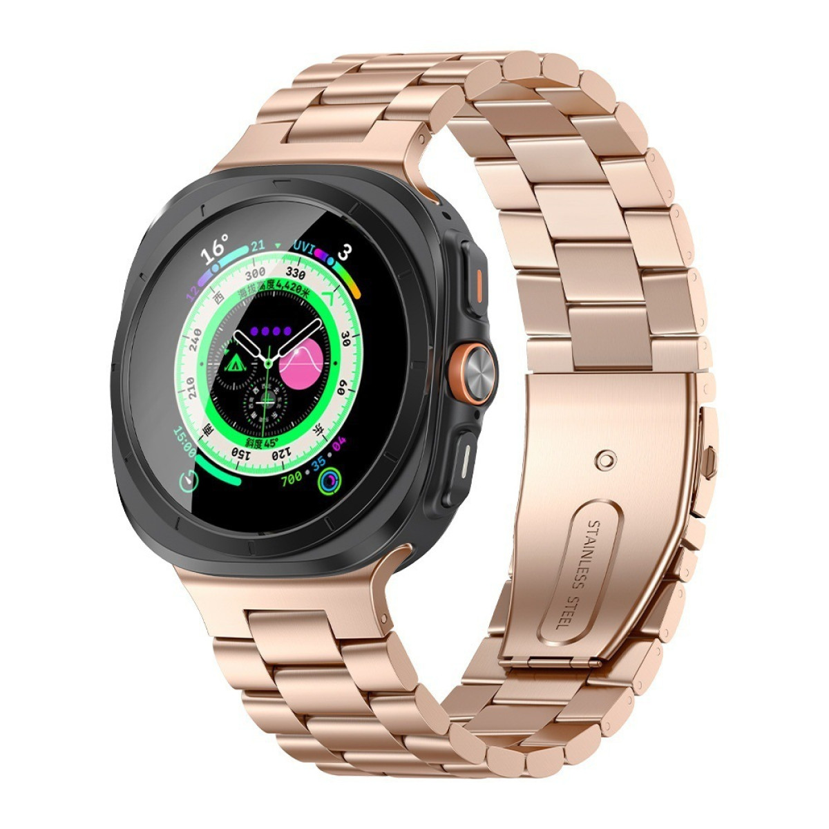 Uno smartwatch oro rosa con cinturino in metallo oro rosa, che mostra il quadrante con dati e una lunetta nera.