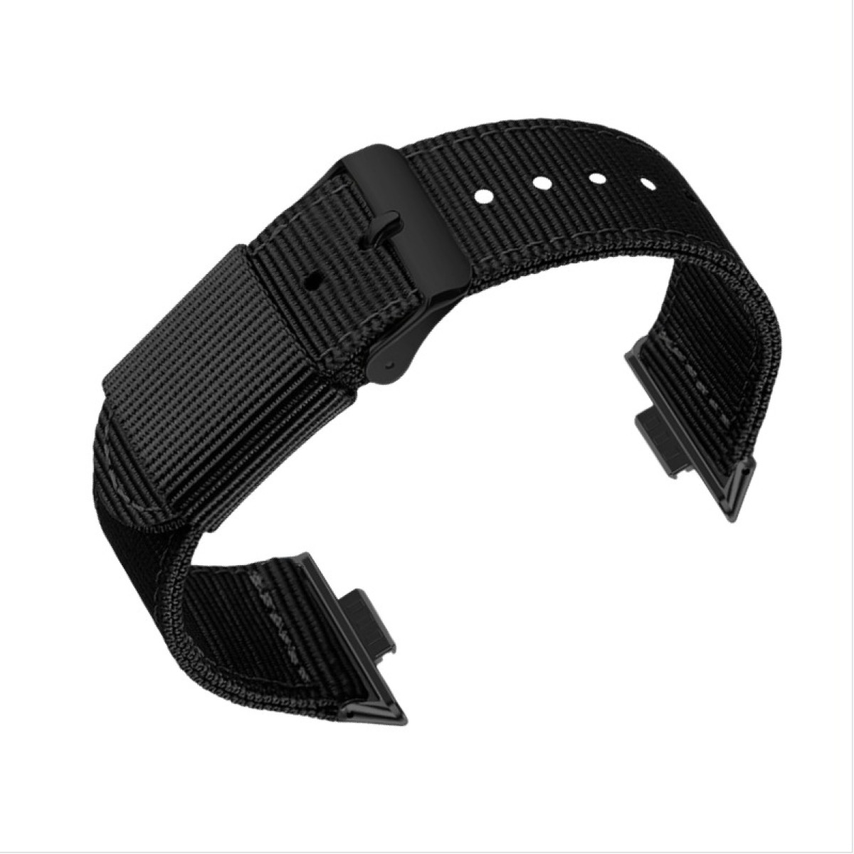 Ein schwarzes gewebtes Uhrenarmband mit schwarzer Schnalle und Befestigungspunkten, schräge Ansicht, vor weißem Grund.