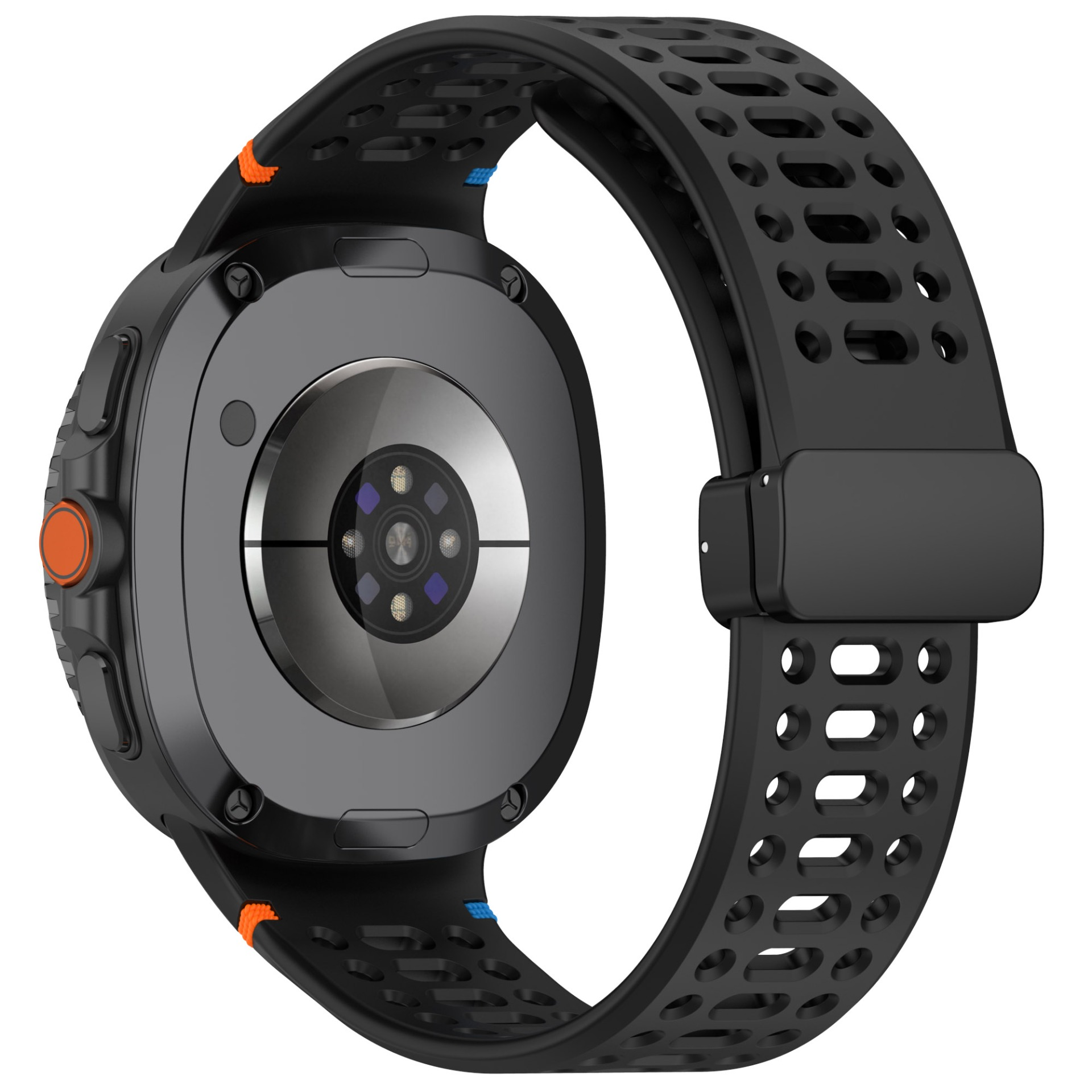 Schwarze Smartwatch mit schwarzem Armband. Rückseite mit Sensoren und Anschlüssen. Orange Akzente.