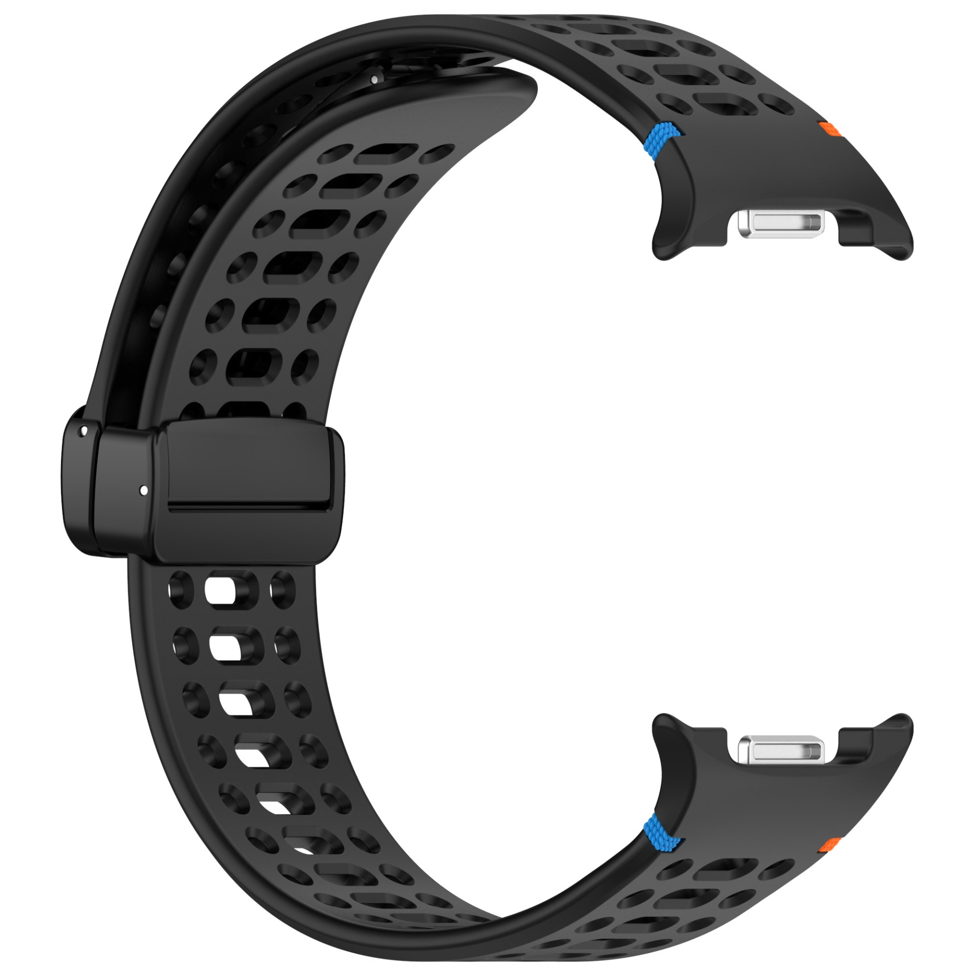 Schwarzes, perforiertes Uhrenarmband mit schwarzer Schnalle.
