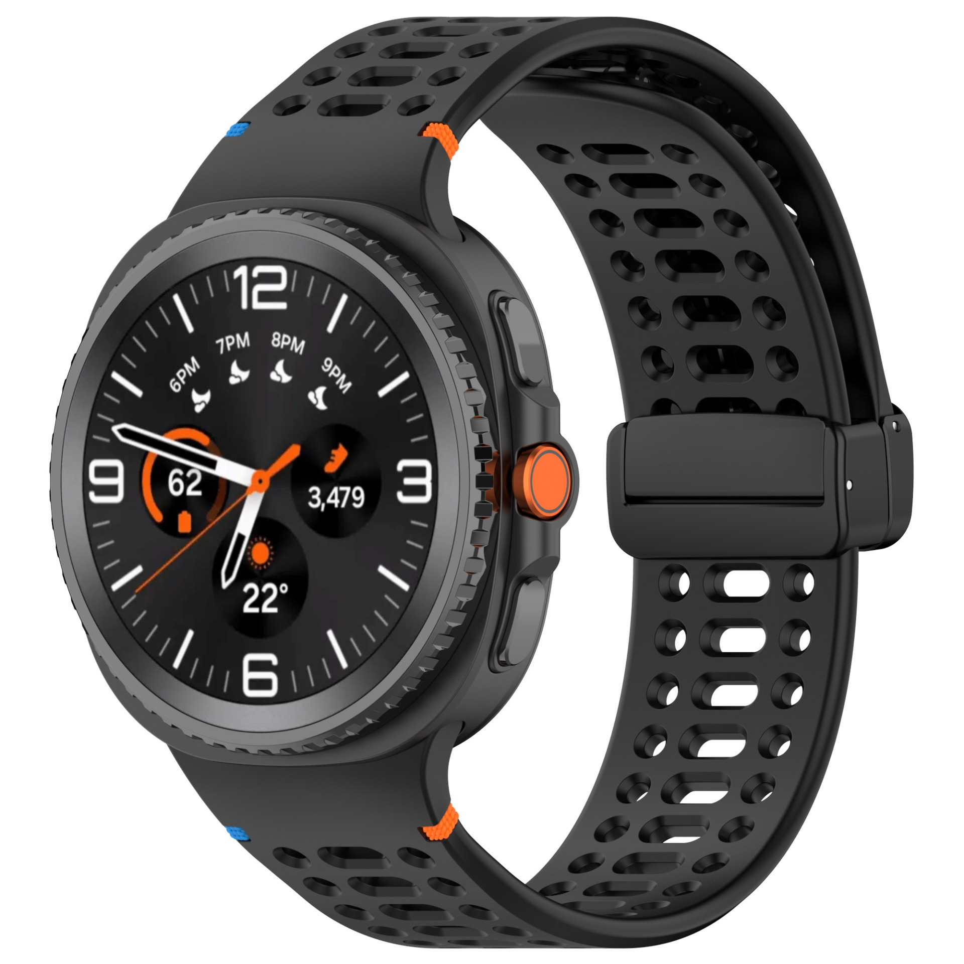 Eine schwarze Smartwatch mit schwarzem Armband, zeigt das Zifferblatt mit Daten und orangefarbenen Akzenten. Isoliert.