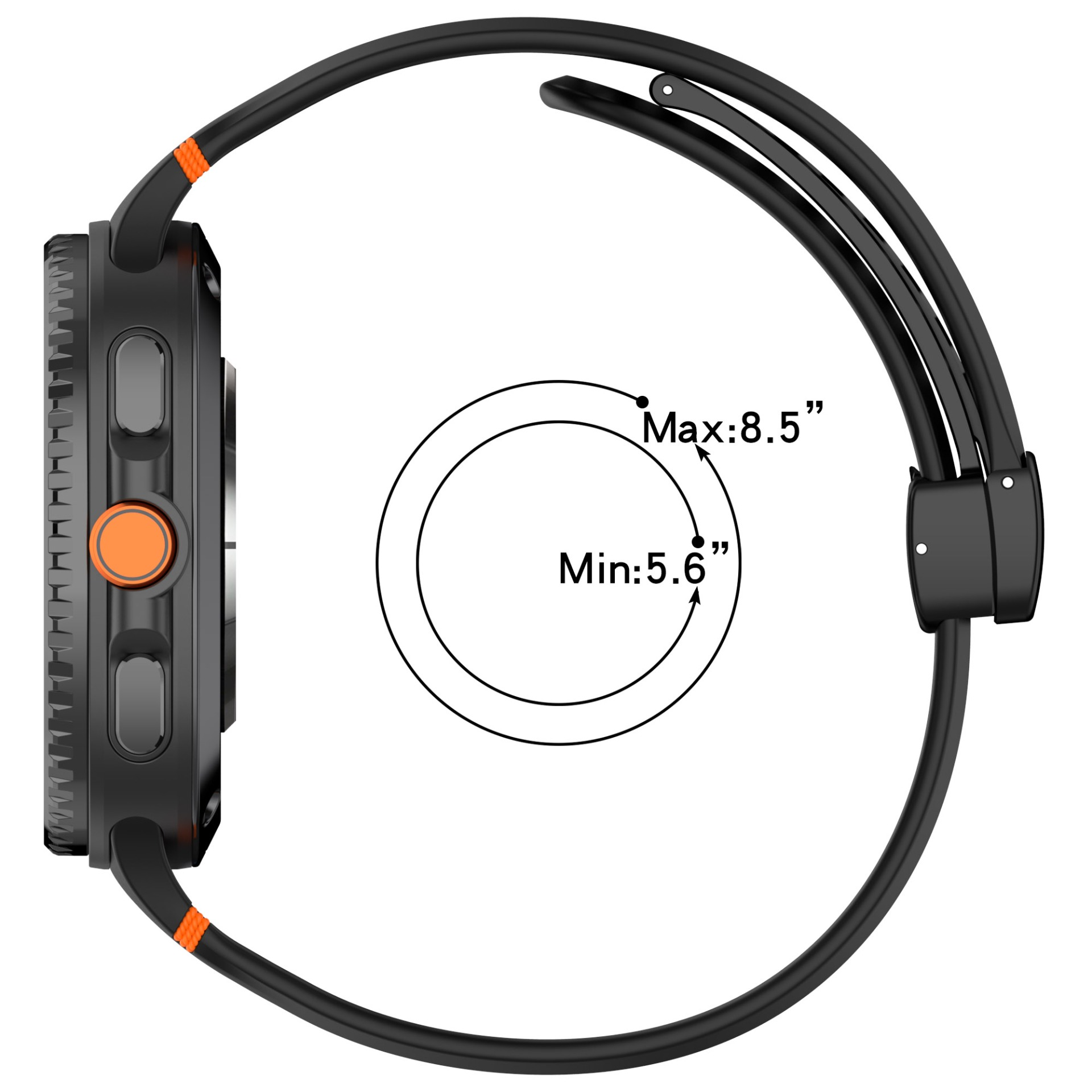 Seitenansicht einer schwarz-orangenen Smartwatch mit gebogenem Armband. Messungen werden auf dem Bildschirm angezeigt.