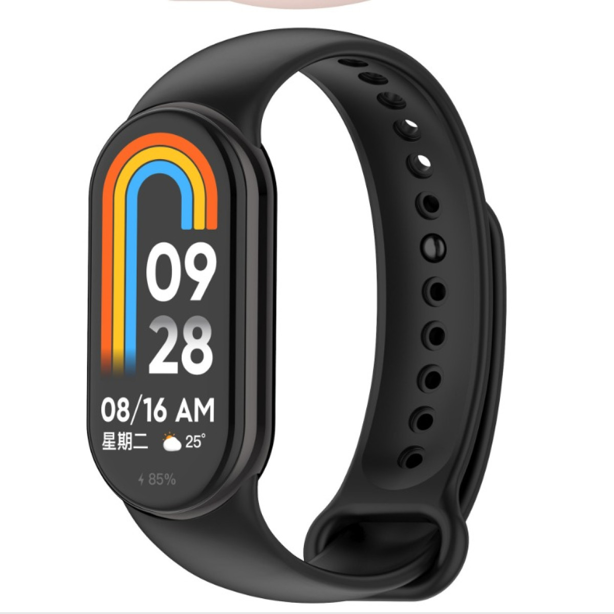 Schwarze Smartwatch mit farbigem Display, das Zeit, Datum und Akkustand anzeigt. Schwarzes Band ist befestigt.