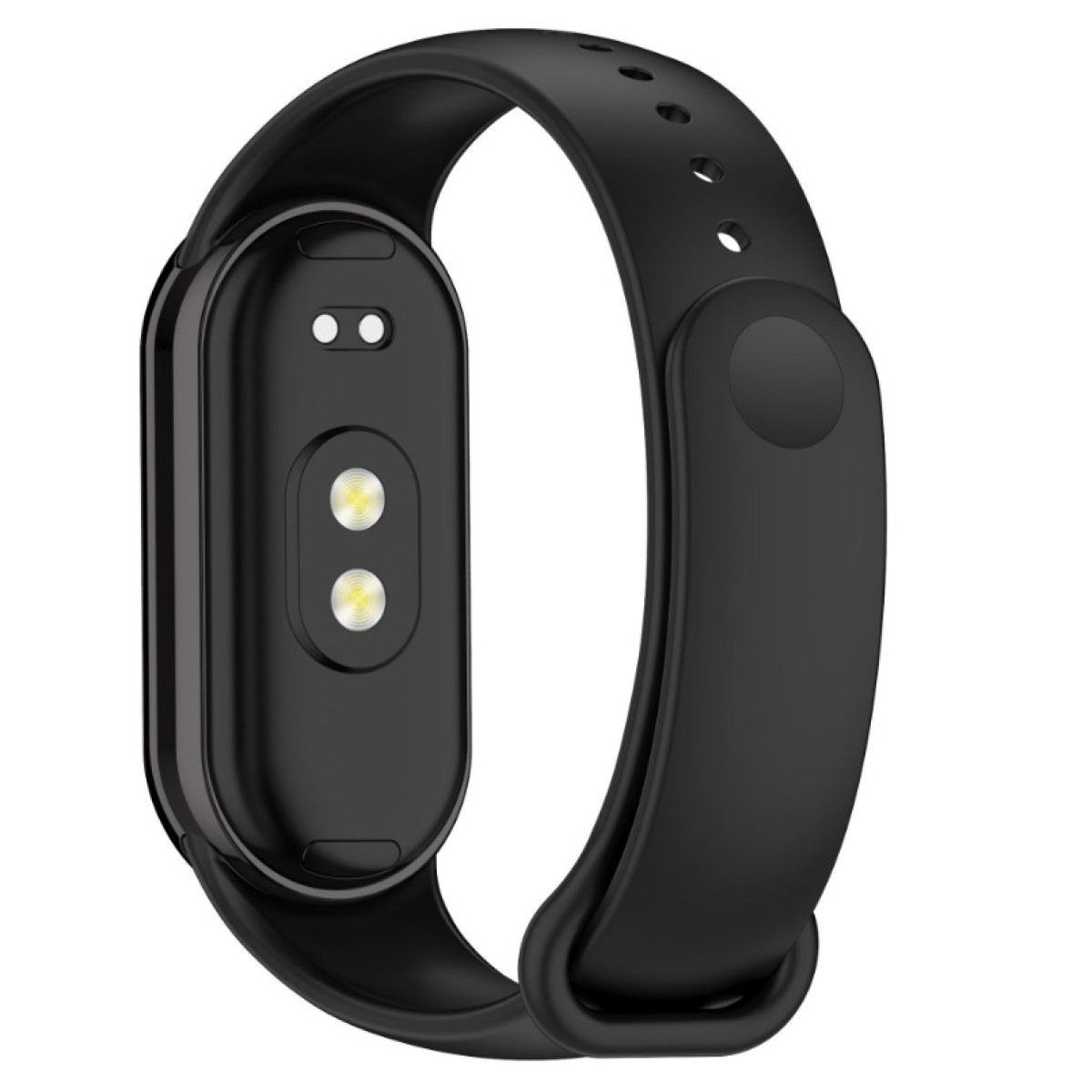 Schwarze Smartwatch, Rückansicht, mit schwarzem Armband. Zwei Sensoren und zwei runde Lichter am Uhrengehäuse.