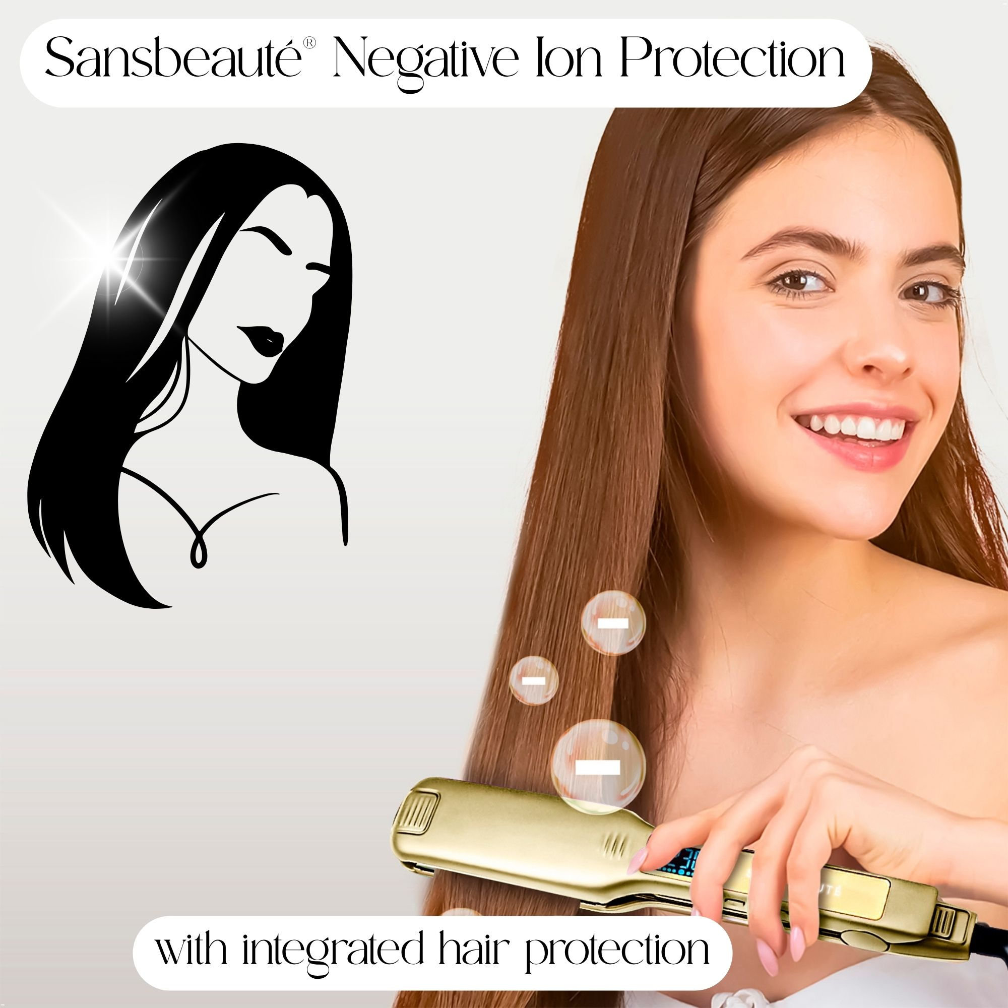Frau mit langen, dunklen Haaren, hält ein goldenes Glätteisen. Text: 'Negative Ion Protection'.