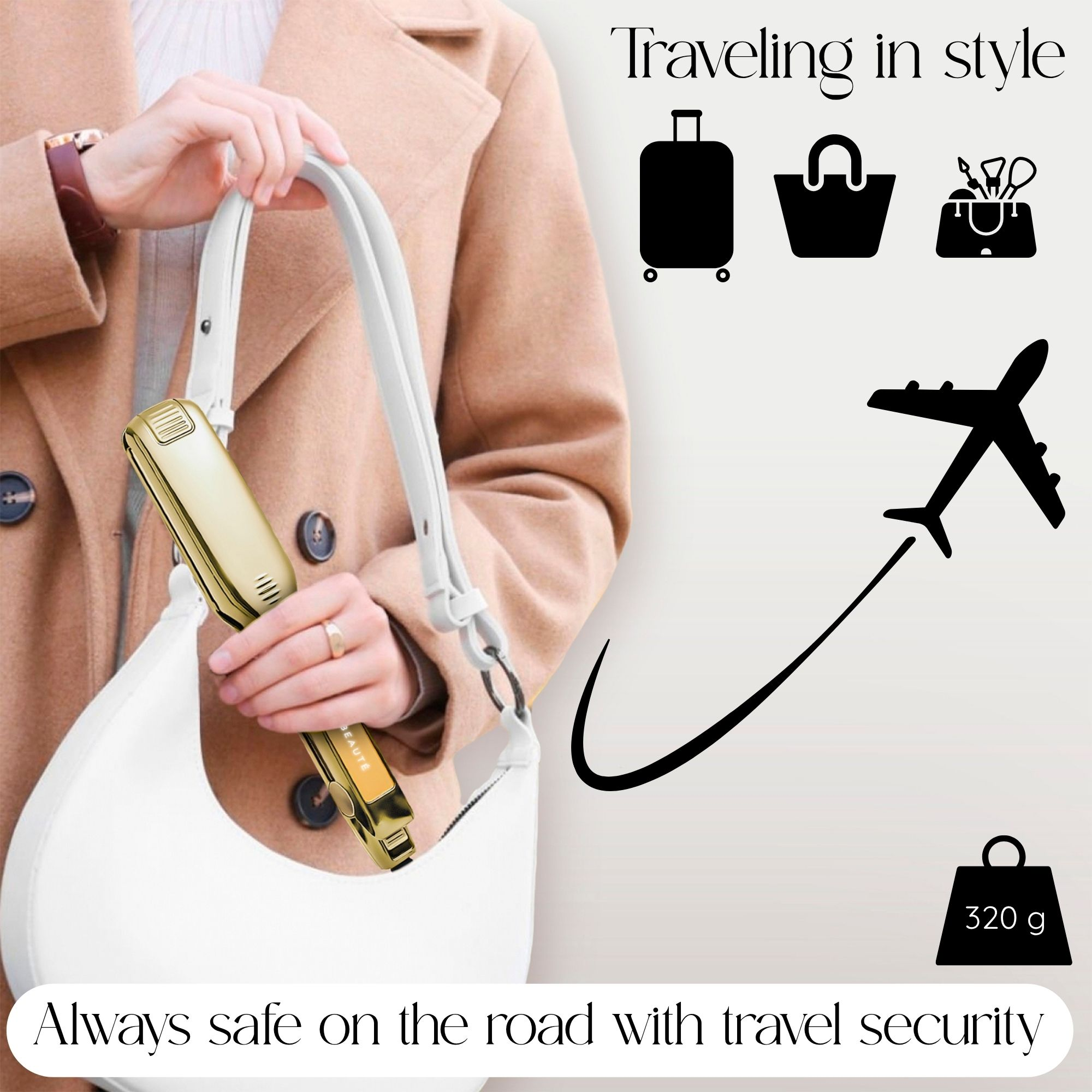 Frau hält goldenes Glätteisen in weißer Handtasche, mit Reise-Icons. Text: 'Always safe on the road'.