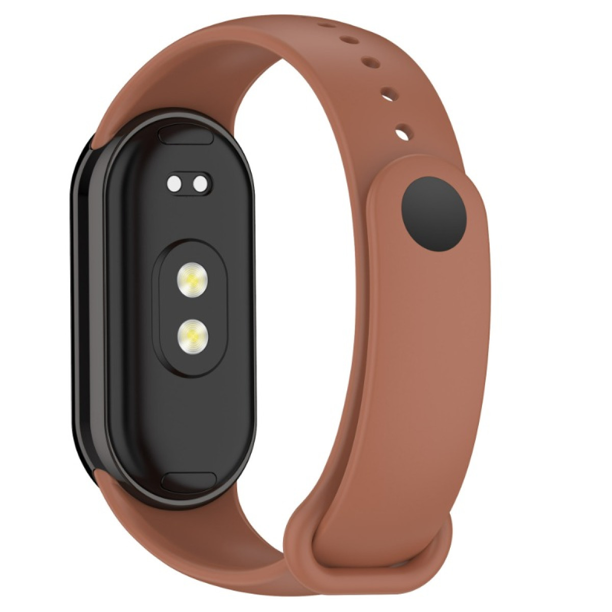 Braune Smartwatch, Rückansicht, mit braunem Armband. Zwei Sensoren und zwei runde Lichter auf dem Uhrenkörper.