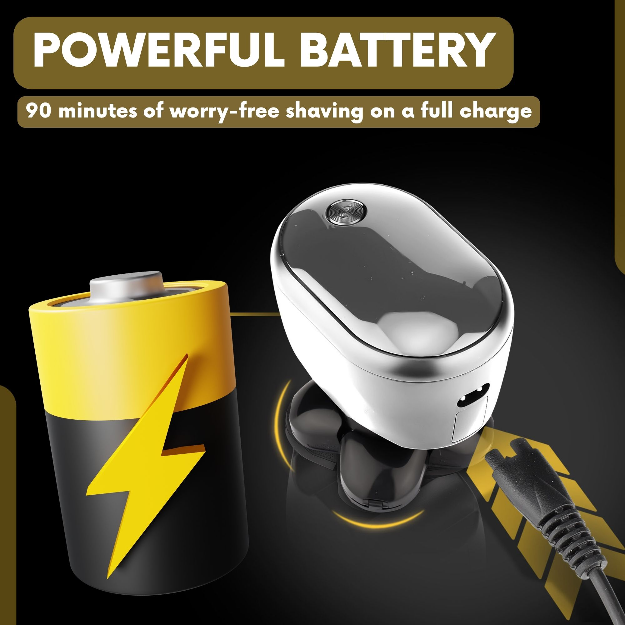 Eine Batterie und ein Rasierer mit einem Ladekabel, die die Leistung und das Design des Rasierers zeigen.