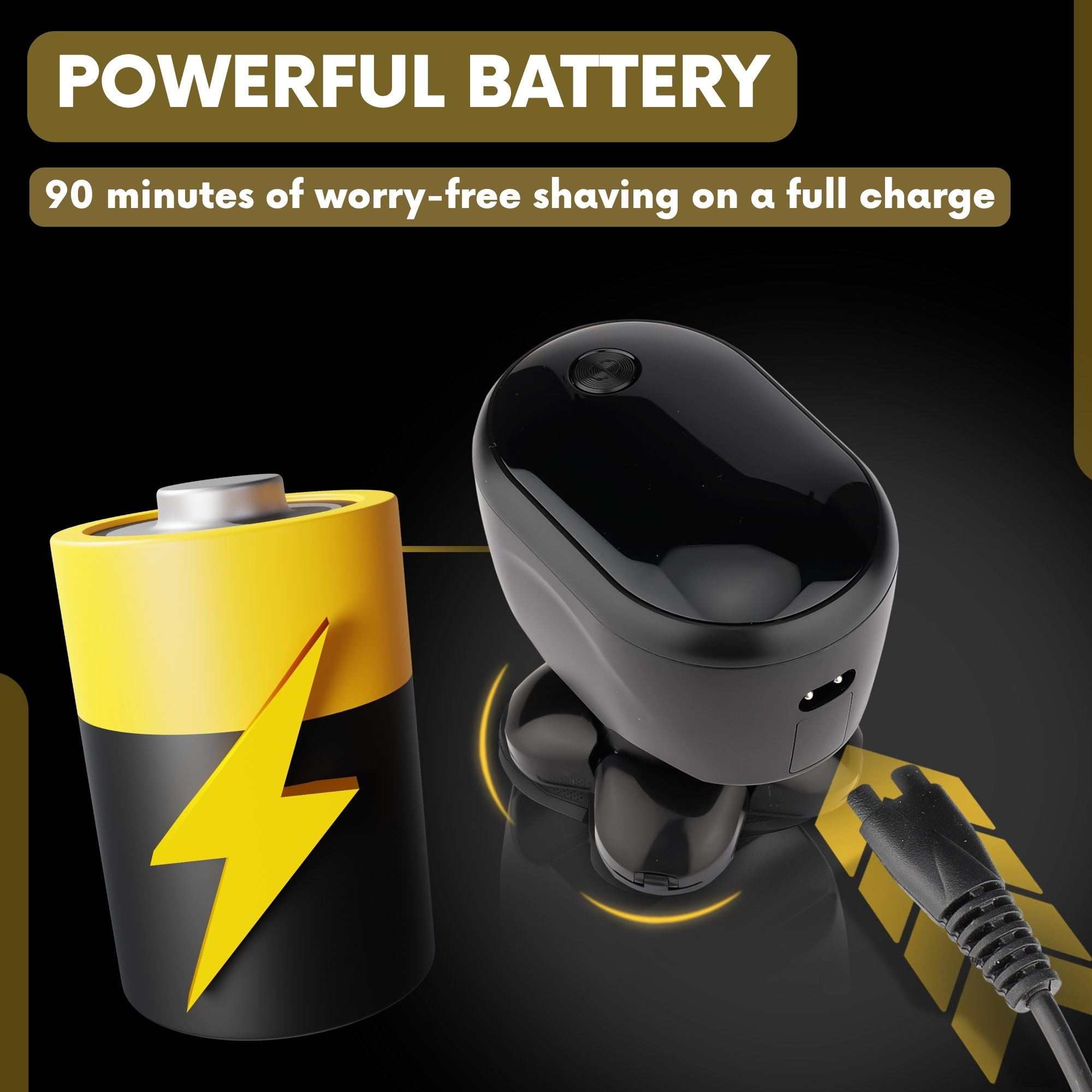 Eine Batterie und ein Rasierer mit einem Ladekabel, die die Leistung und das Design des Rasierers zeigen.