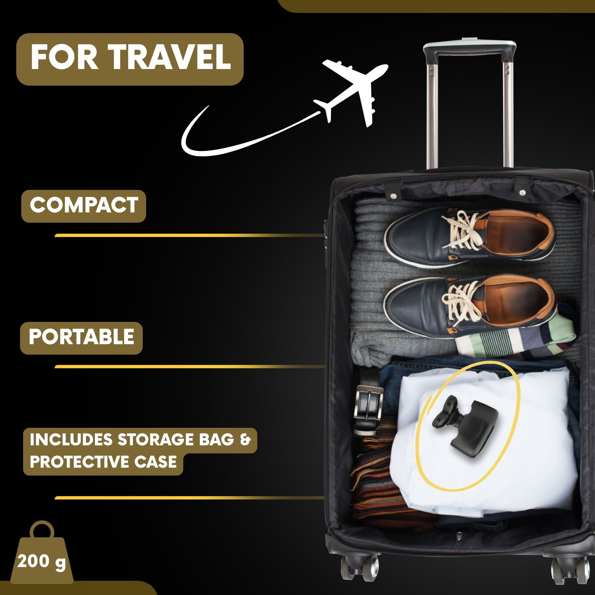 Ein Koffer ist geöffnet und zeigt Kleidung und Accessoires im Inneren. Eine Flugzeuggrafik und Text für Reisen, kompakt und tragbar sind vorhanden.