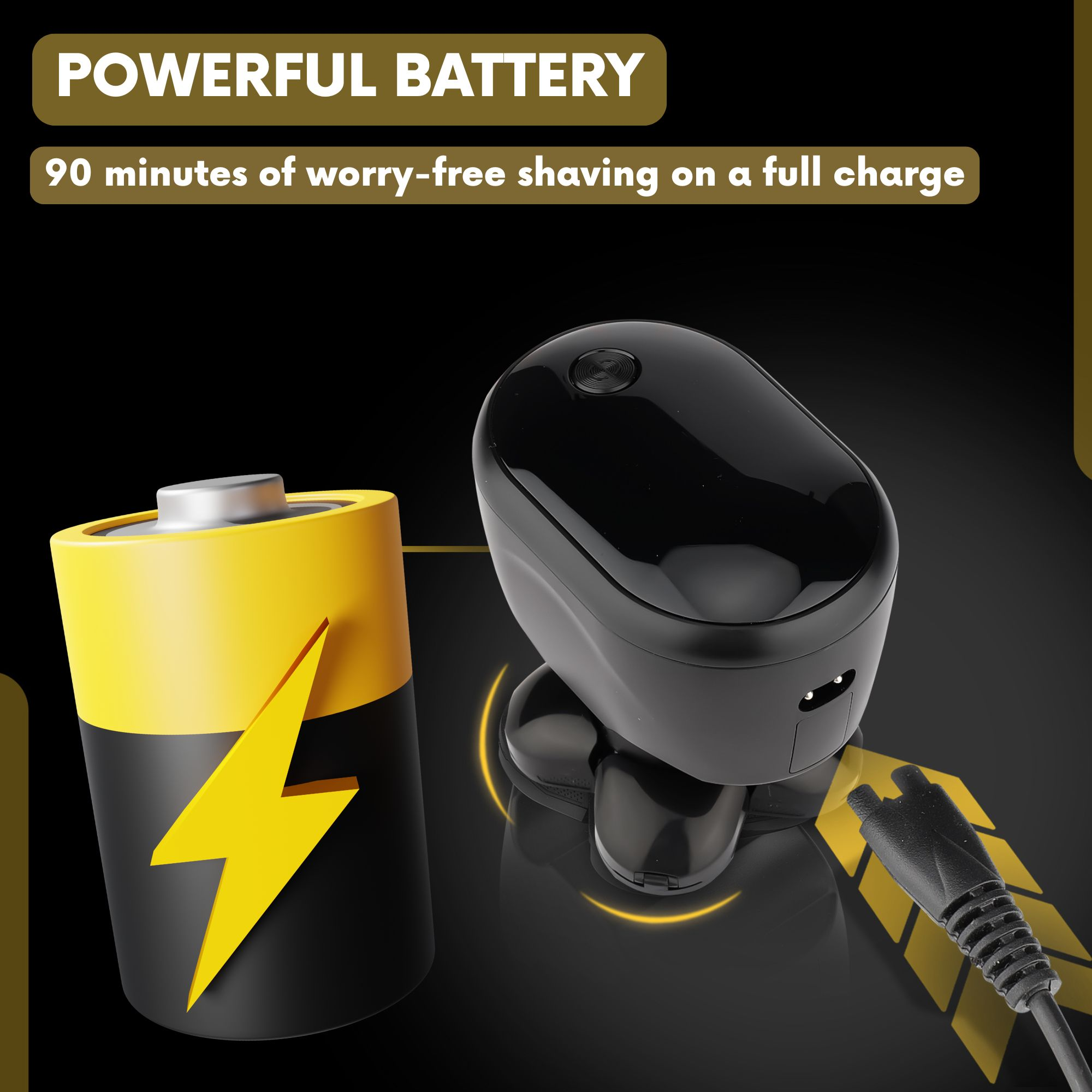 Das Bild zeigt einen Rasierer und ein Batteriesymbol mit Blitz, der Text lautet 'Leistungsstarker Akku' und '90 Minuten sorgenfreies Rasieren'.