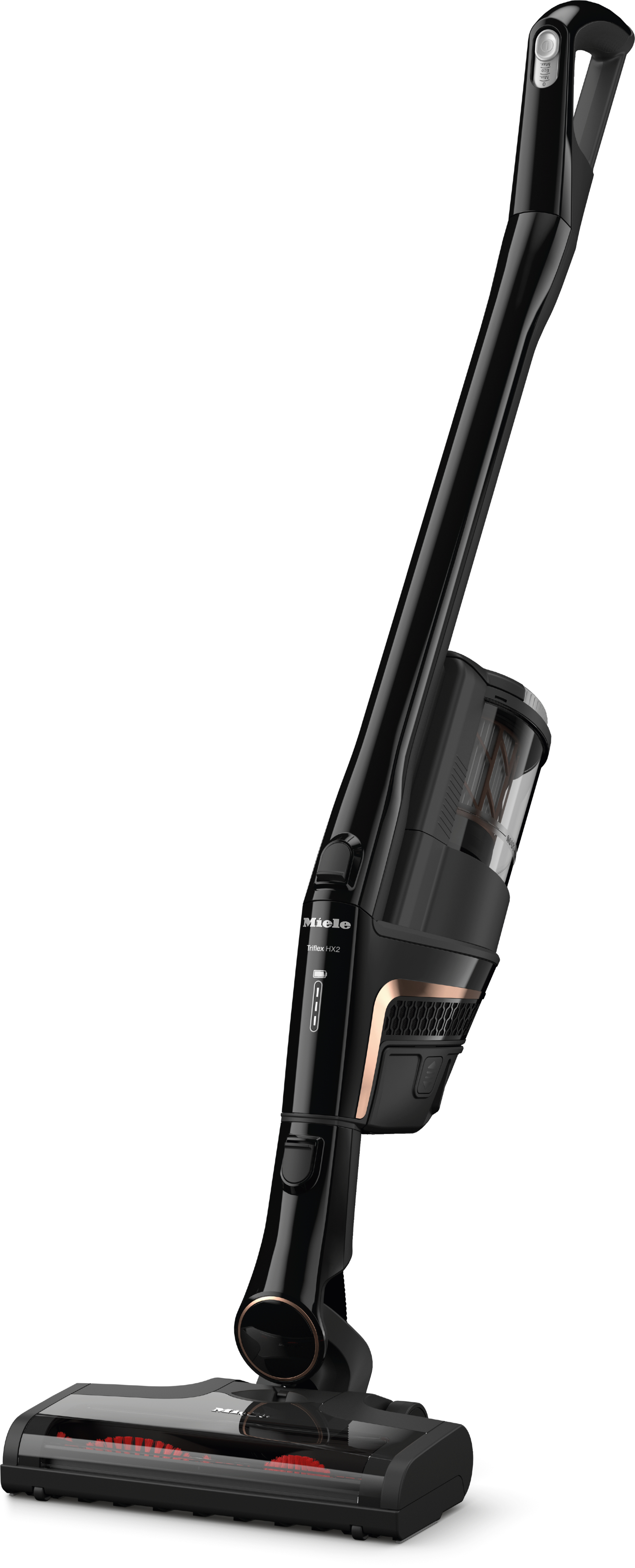 Miele Triflex Hx2 Staubsauger in Schwarz, schräge Ansicht. Griff und Reinigungskopf sind sichtbar.