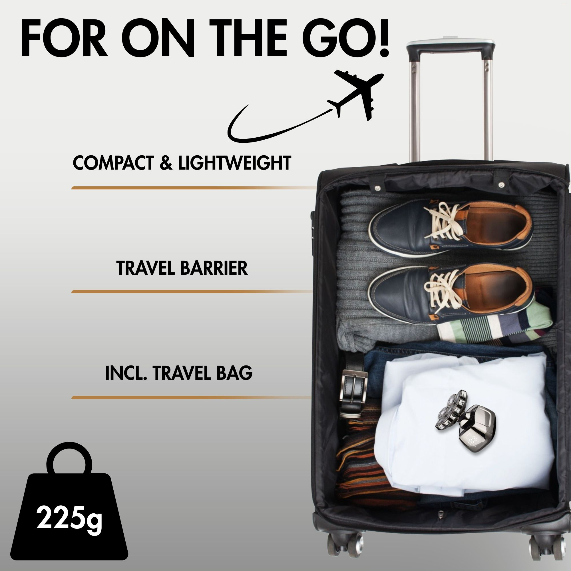 Ein Koffer mit Kleidung und Schuhen ist geöffnet. Text sagt 'Für unterwegs!'. 225g Tasche.
