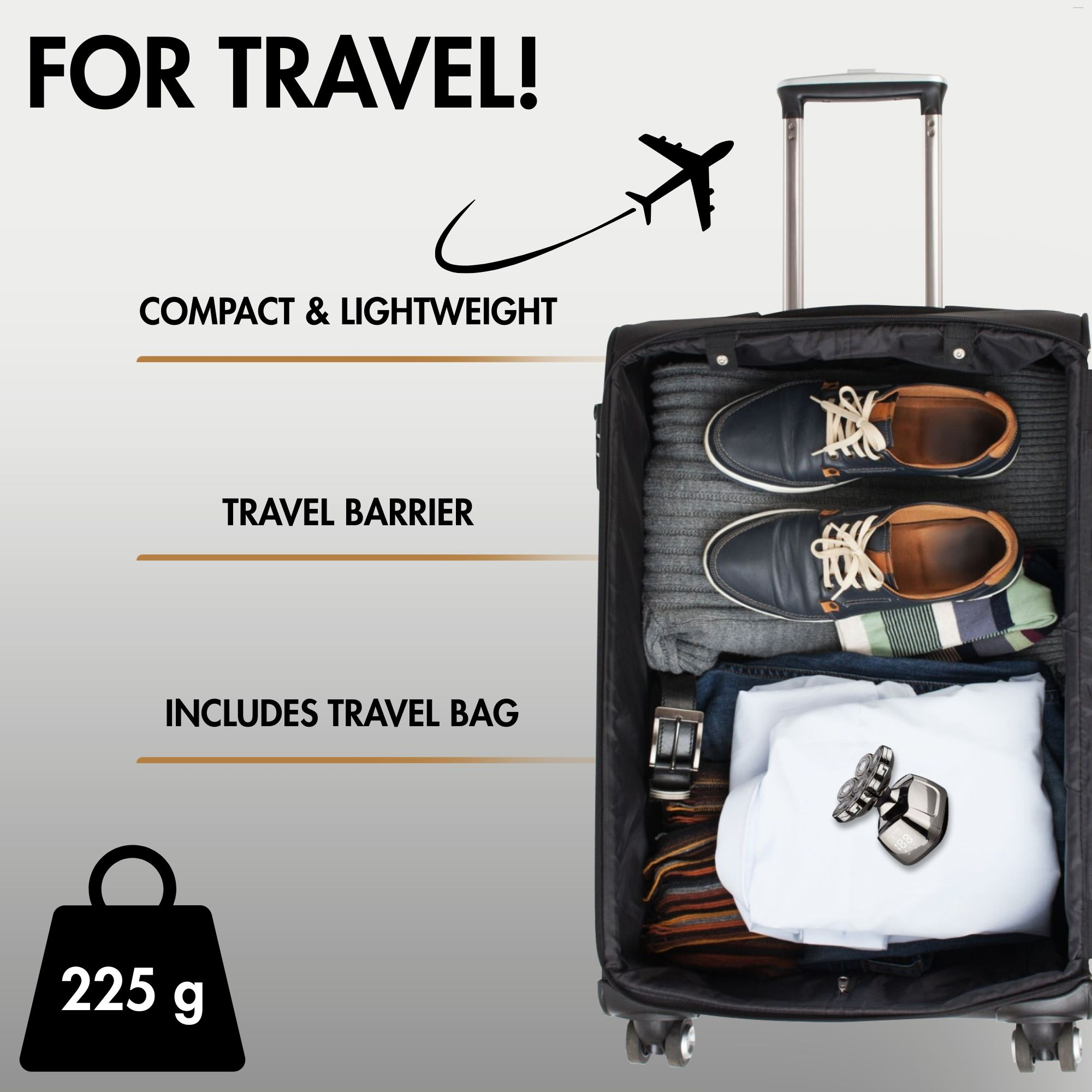 Offener Koffer mit Kleidung, Schuhen und Accessoires. Enthält eine Reisetasche, ist kompakt, leicht und wiegt 225g.
