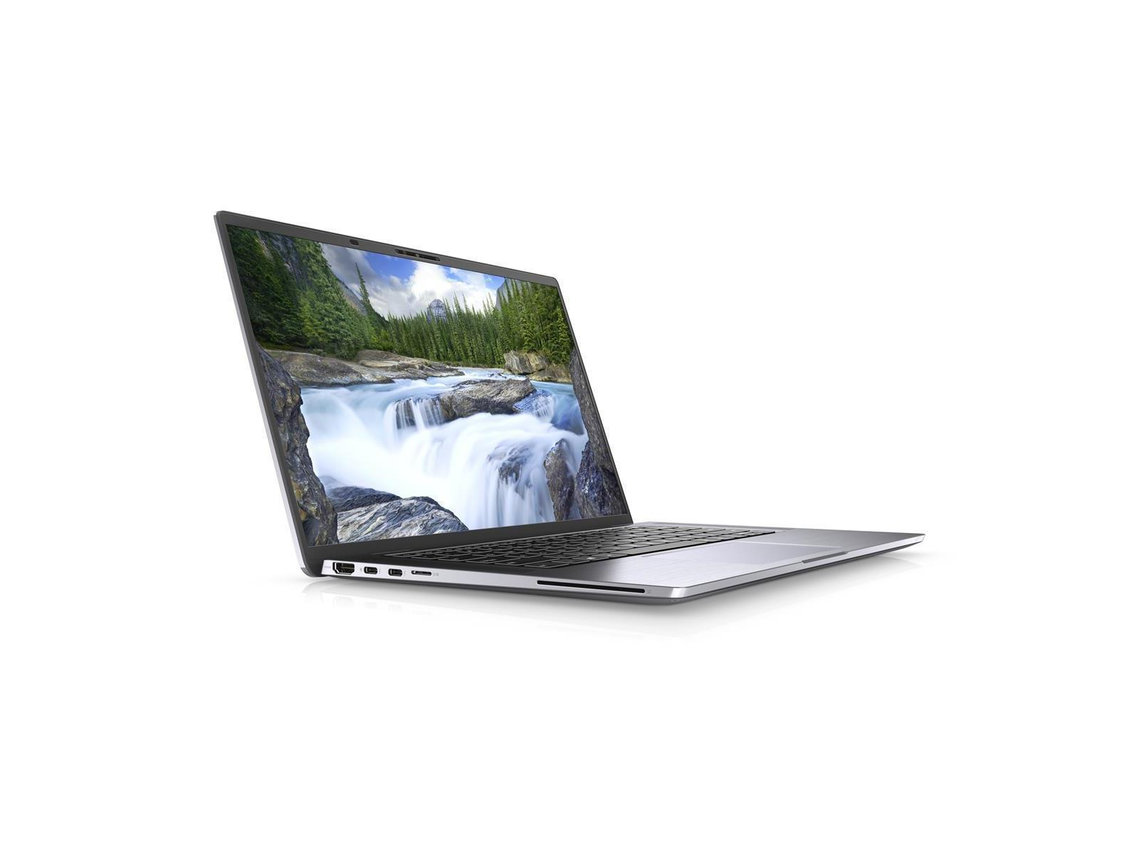 Silberner Laptop, Bildschirm zeigt Wasserfall. Weißer Hintergrund.