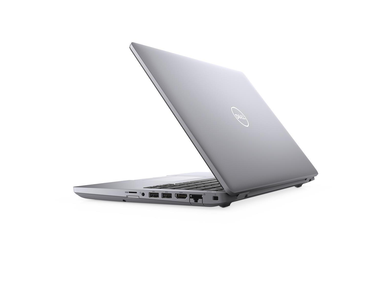 Silberner Laptop, leicht geöffnet, mit Dell-Logo. Weißer Hintergrund. Seitenansicht.