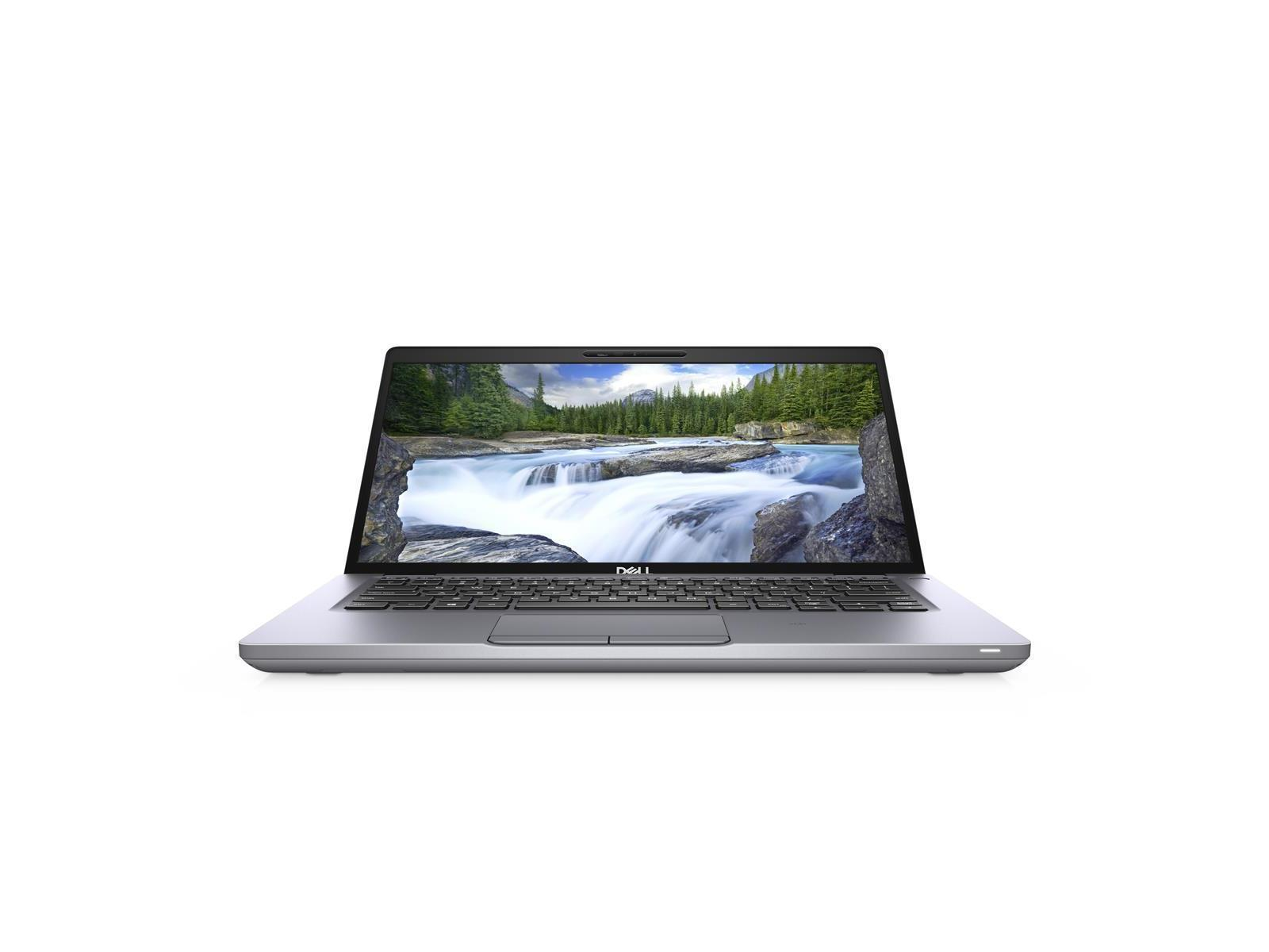 Silberner Laptop, Bildschirm zeigt eine Wasserfallszene. Weißer Hintergrund.