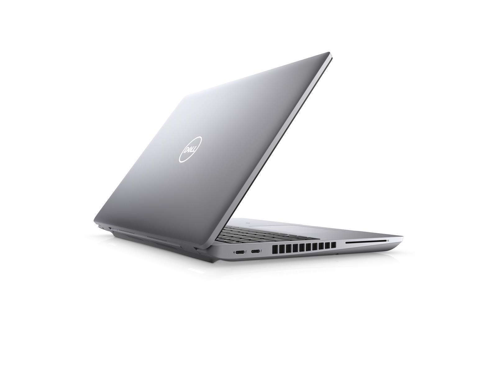 Silberner Laptop, Rückansicht auf weißem Hintergrund. Dell-Logo sichtbar.