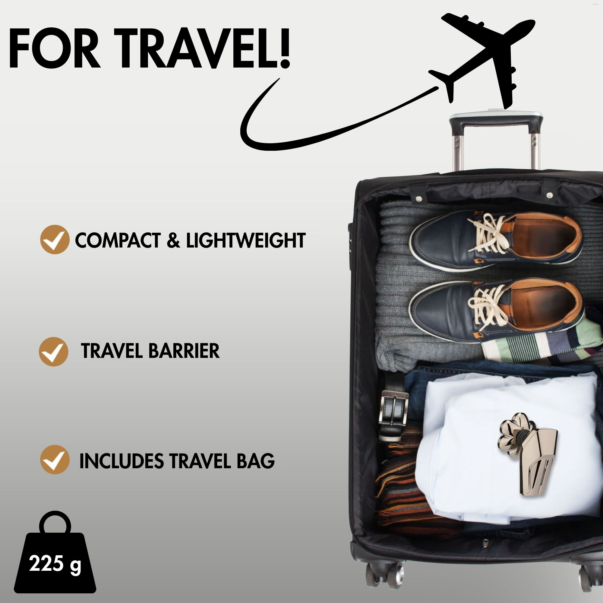 Schwarzer Koffer mit Kleidung und Schuhen. Text enthält 'FOR TRAVEL!' und 'KOMPAKT & LEICHT'.