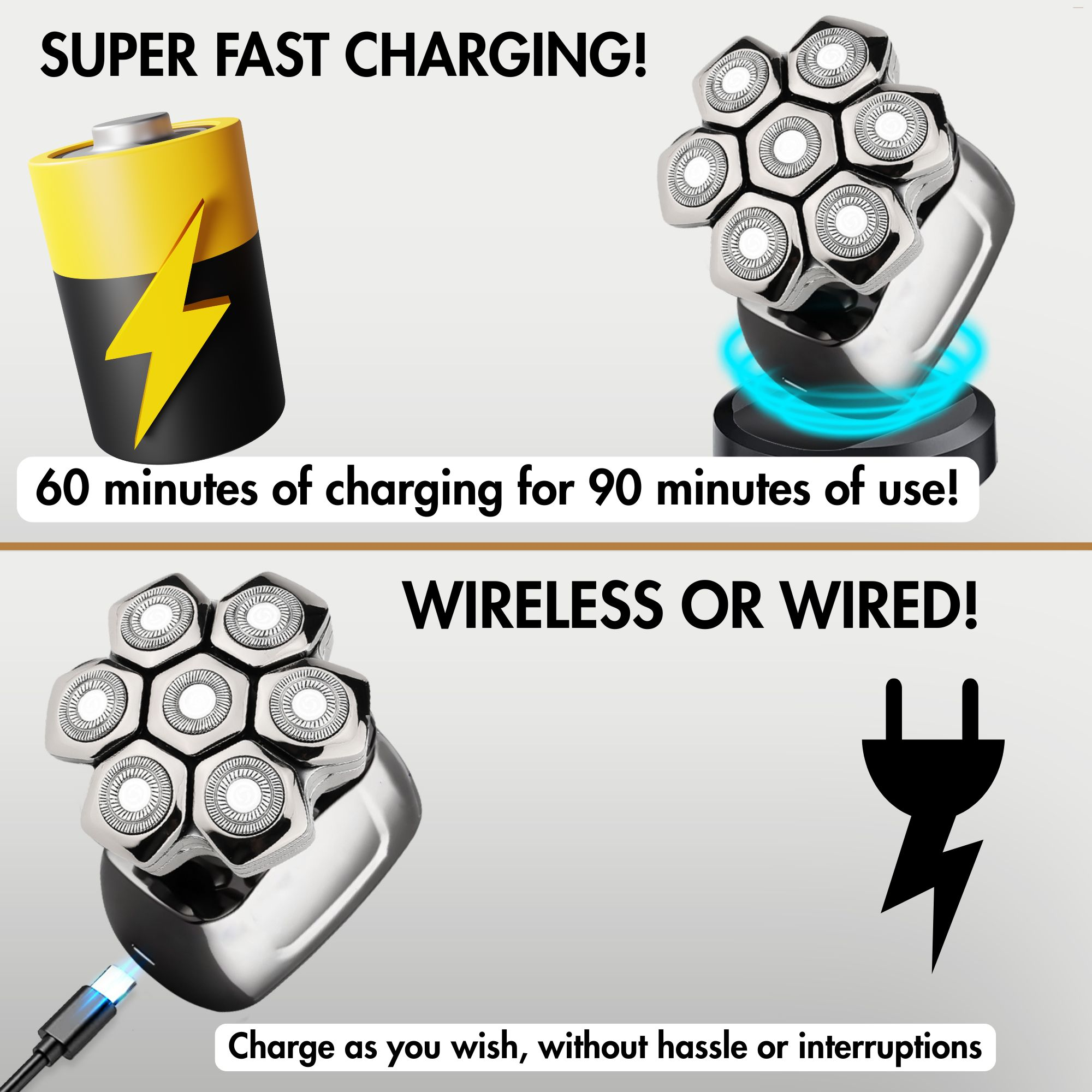 Das Bild zeigt einen Akku, der einen Rasierer auflädt. Texte: 'SUPER FAST CHARGING!' und 'WIRELESS OR WIRED!'