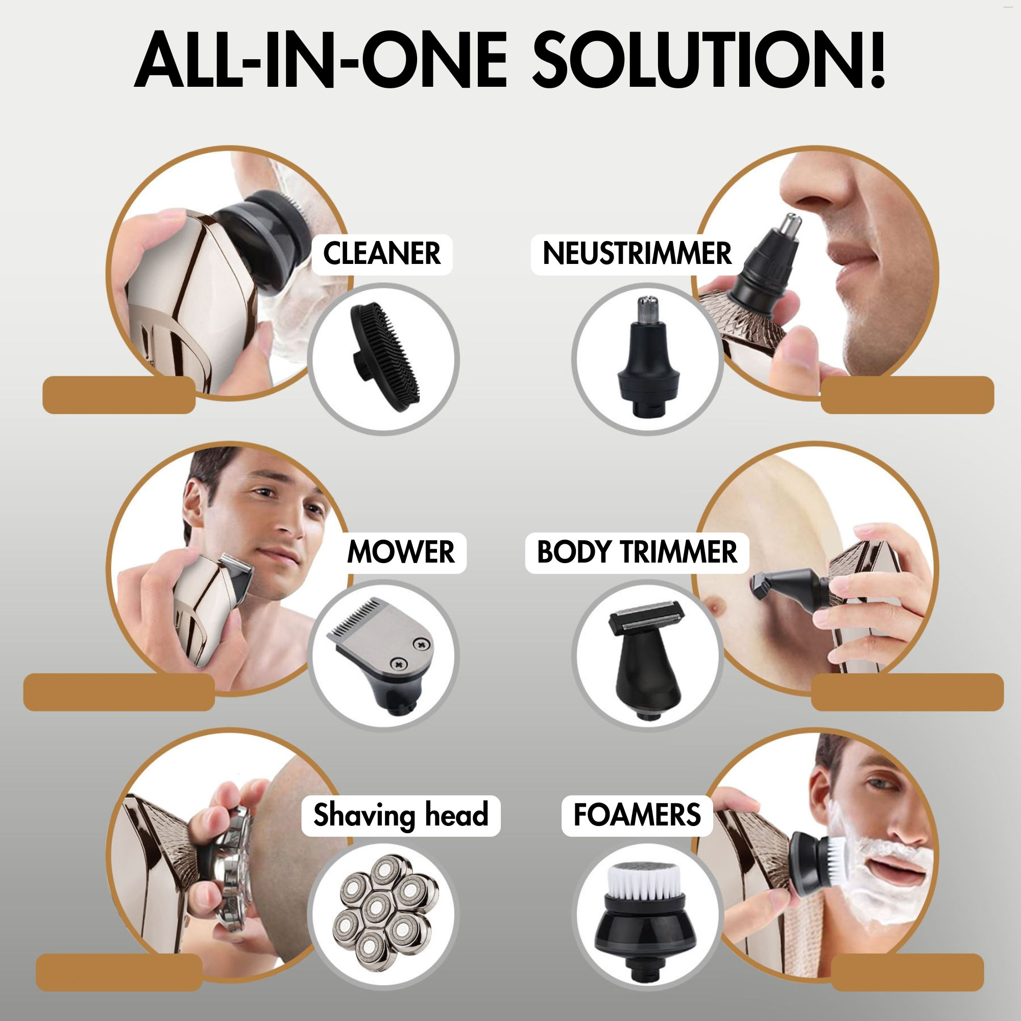 Bild zeigt verschiedene Aufsätze für einen Rasierer. Text: 'ALL-IN-ONE SOLUTION!'. Beschreibungen der Aufsätze enthalten.