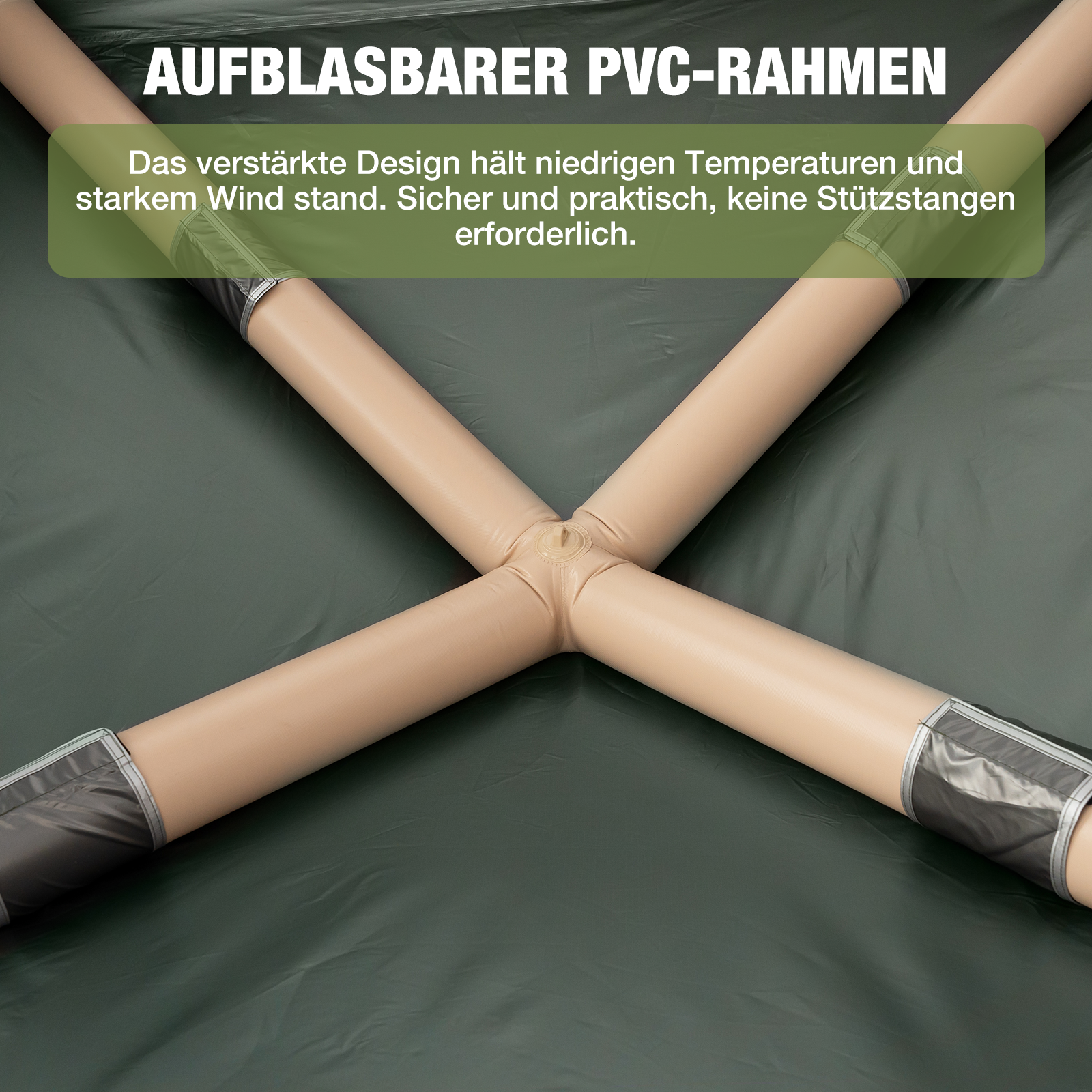 Nahaufnahme eines beigefarbenen Zeltrahmens. Text mit der Aufschrift 'AUFBLASBARER PVC-RAHMEN'.