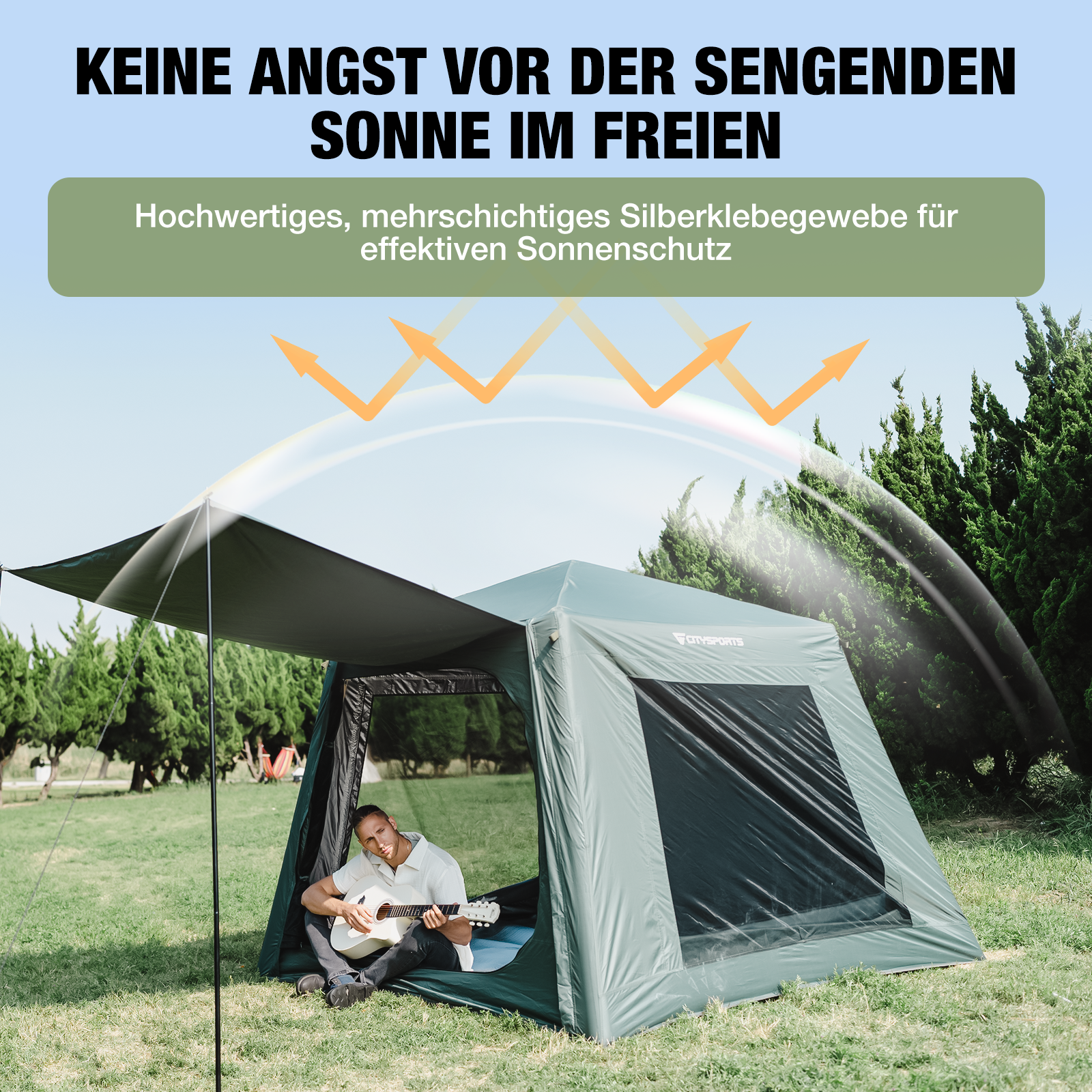 Grünes Zelt mit einem Mann, der Ukulele spielt. Text: 'KEINE ANGST VOR DER SENGENDEN SONNE IM FREIEN'.