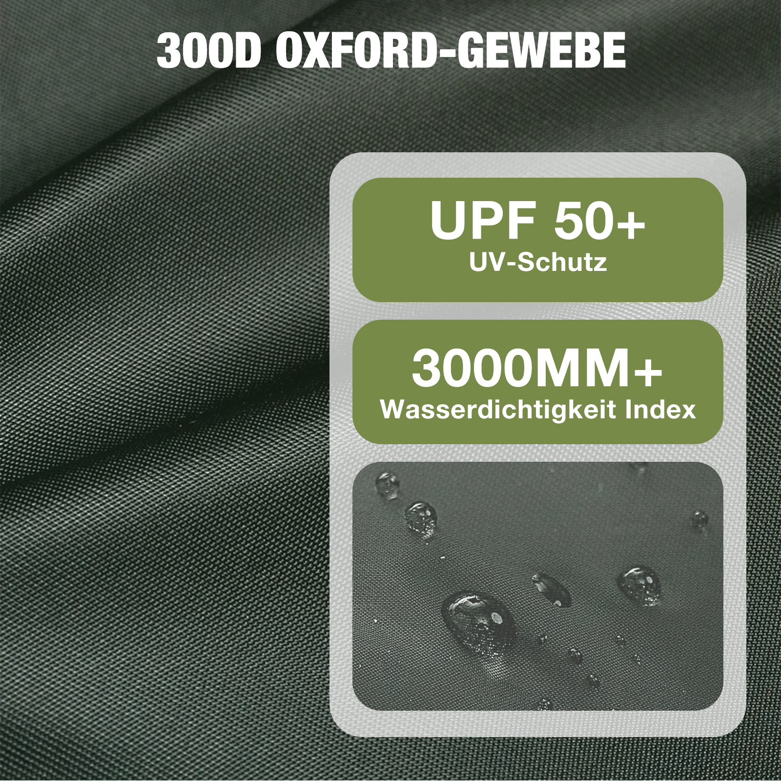 Nahaufnahme eines grünen Zeltstoffs. Text: '300D OXFORD-GEWEBE' und 'UPF 50+ UV-Schutz'.