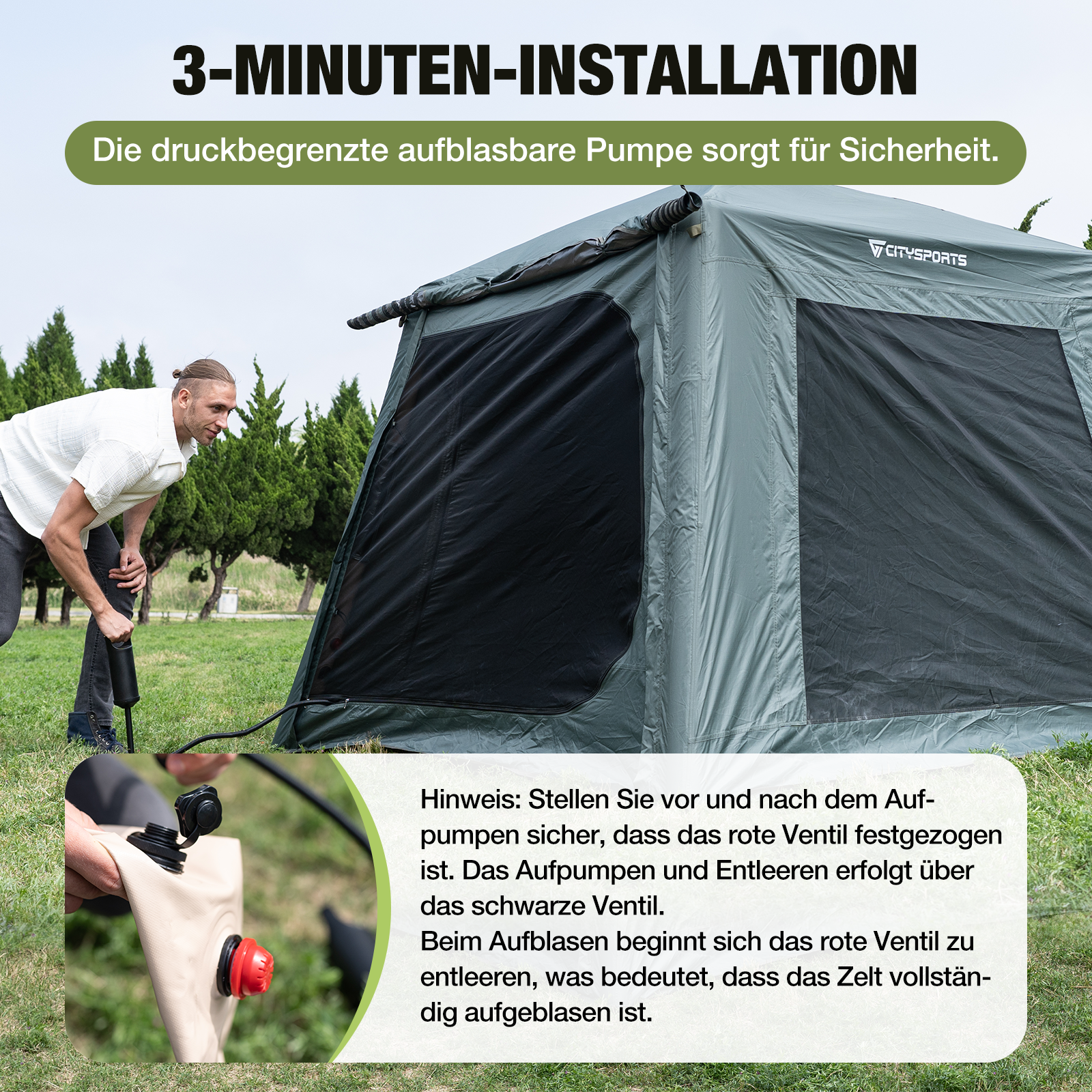 Mann pumpt Luft in ein Zelt. Das Zelt ist grün mit schwarzen Netzfenstern. Der Text lautet 3-Minuten-Installation.