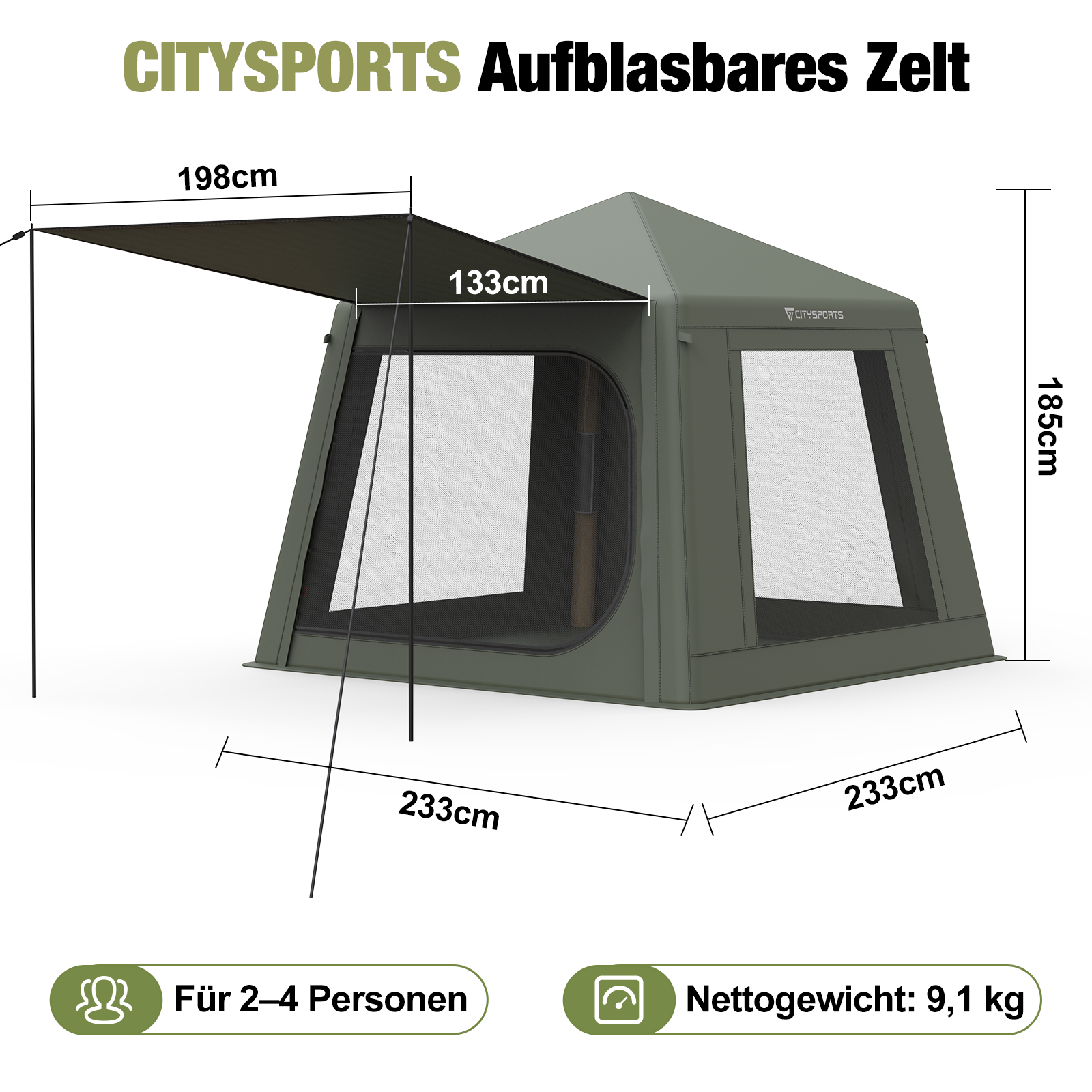 Grünes Zelt mit Abmessungen und Text 'CITYSPORTS'. Text: 'Für 2-4 Personen' und 'Nettogewicht: 9,1 kg'.