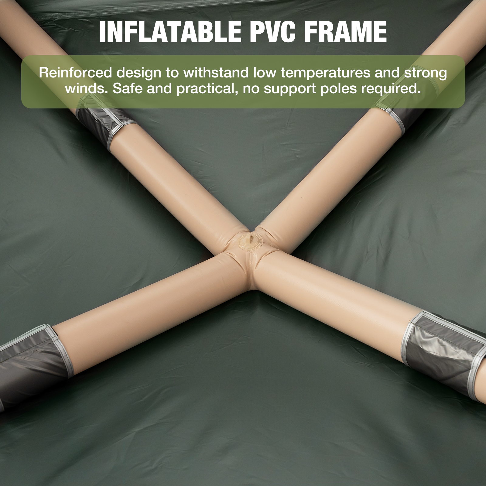 Gros plan sur le cadre d'une tente beige composé de tubes en PVC gonflables, joints au centre.