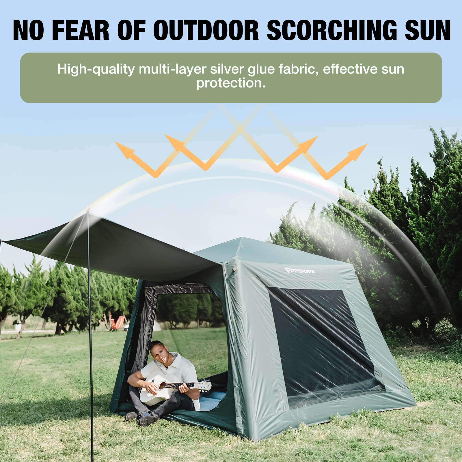 Tente verte avec un homme jouant du ukulélé. Texte : 'NO FEAR OF OUTDOOR SCORCHING SUN'.